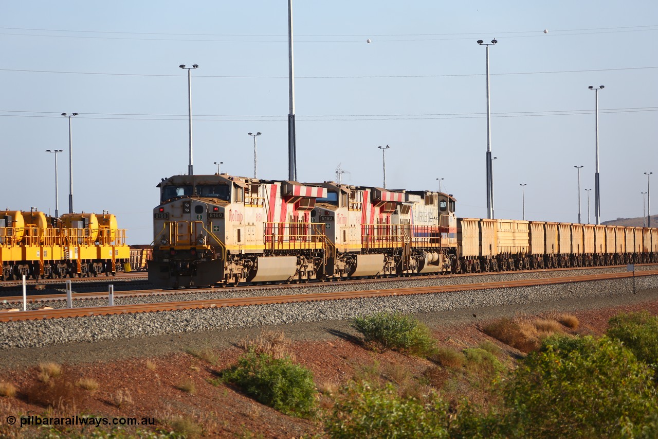 151111 9484
Cape Lambert Yard, empty train with motive power of General Electric ES44DCi units 8160 and 8193 serials 60224 and 61852 and General Electric Dash 9-44CW 7074 serial 47743 waiting to depart and compressor car sets CB 13 and CB 16.
Keywords: 8160;GE;ES44DCi;60224;