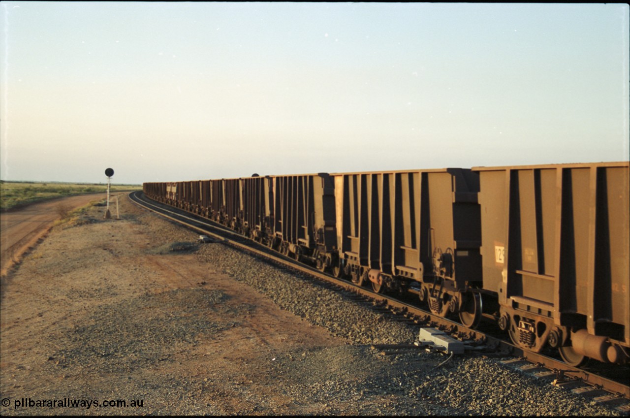 203-23
Bing Siding, empty train waggons over the Bing South switch, two Golynx waggons can be identified by their smooth sides.

