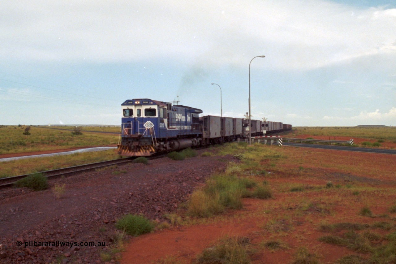 218-24
De Grey, Great Northern Highway grade crossing at the 57.15 km a loaded GML train behind an original Mt Newman Mining ALCo C636 5458 to GE C36-7M rebuild carried out by Goninan unit 5510 'Newman' serial 4839-07 / 87-075.
Keywords: 5510;Goninan;GE;C36-7M;4839-07/87-075;rebuild;AE-Goodwin;ALCO;C636;5458;G6027-2;