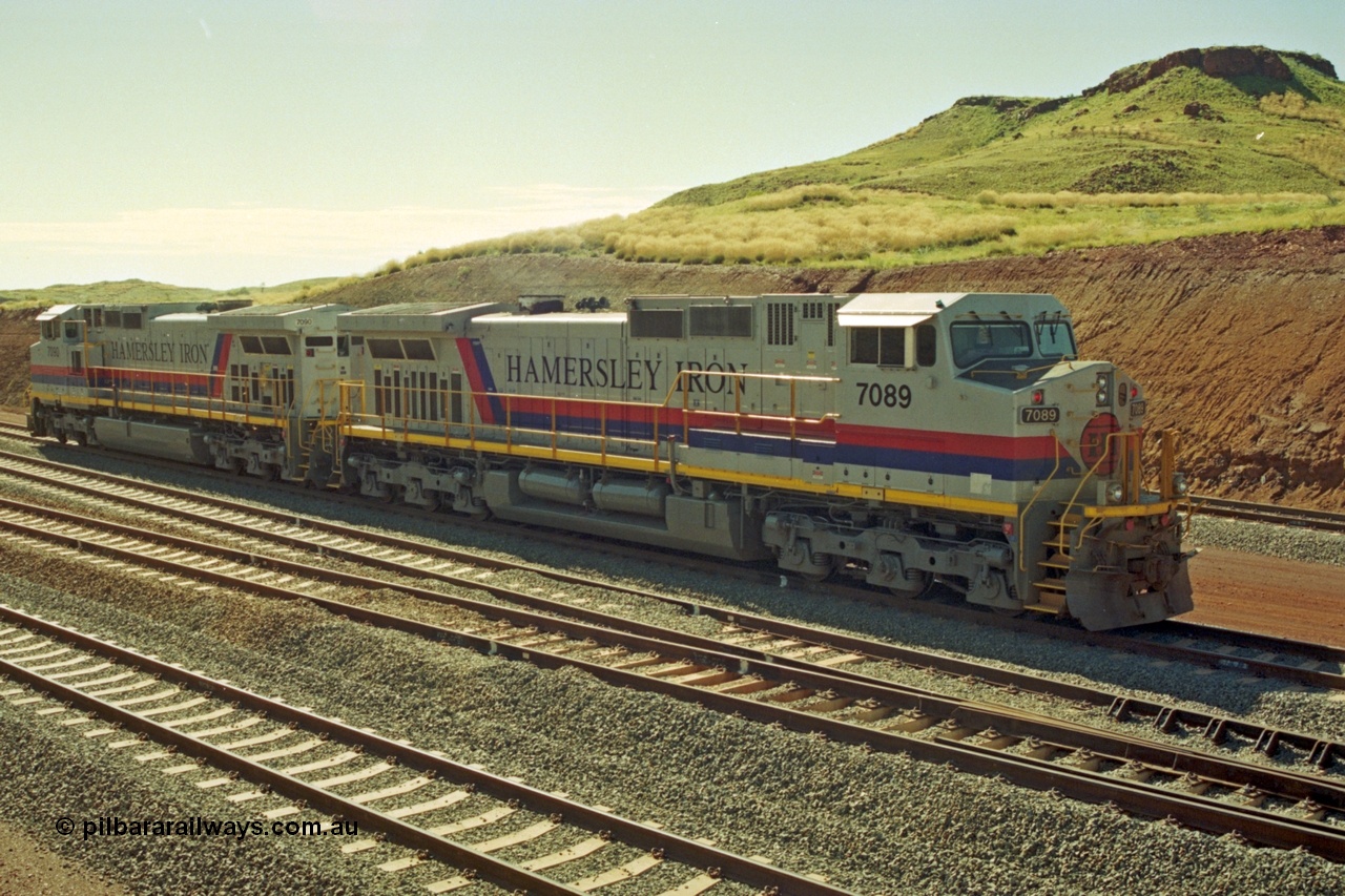 218-35
Yandicoogina or HIY as Hamersley Iron identify it, located 445 km from Parker Point yard in Dampier. Bank engine units General Electric Dash 9-44CW models 7089 serial 47768 and 7090 idle away waiting their next loaded train to push out.
Keywords: 7089;GE;Dash-9-44CW;47768;