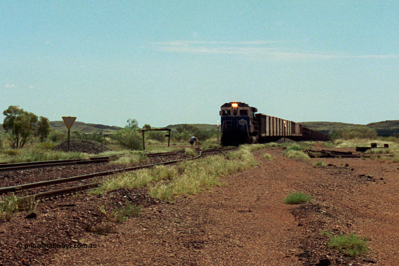 219-25
Goldsworthy Siding, C36-7M unit 5507 'Nimingarra' serial 4839-03 / 87-072, an original Mt Newman Mining ALCo C636 5461 to GE C36-7M rebuild carried out by Goninan, leads an empty train into the siding at Goldsworthy as the second driver sets the road.
Keywords: 5507;Goninan;GE;C36-7M;4839-03/87-072;rebuild;AE-Goodwin;ALCo;C636;5461;G6035-2;