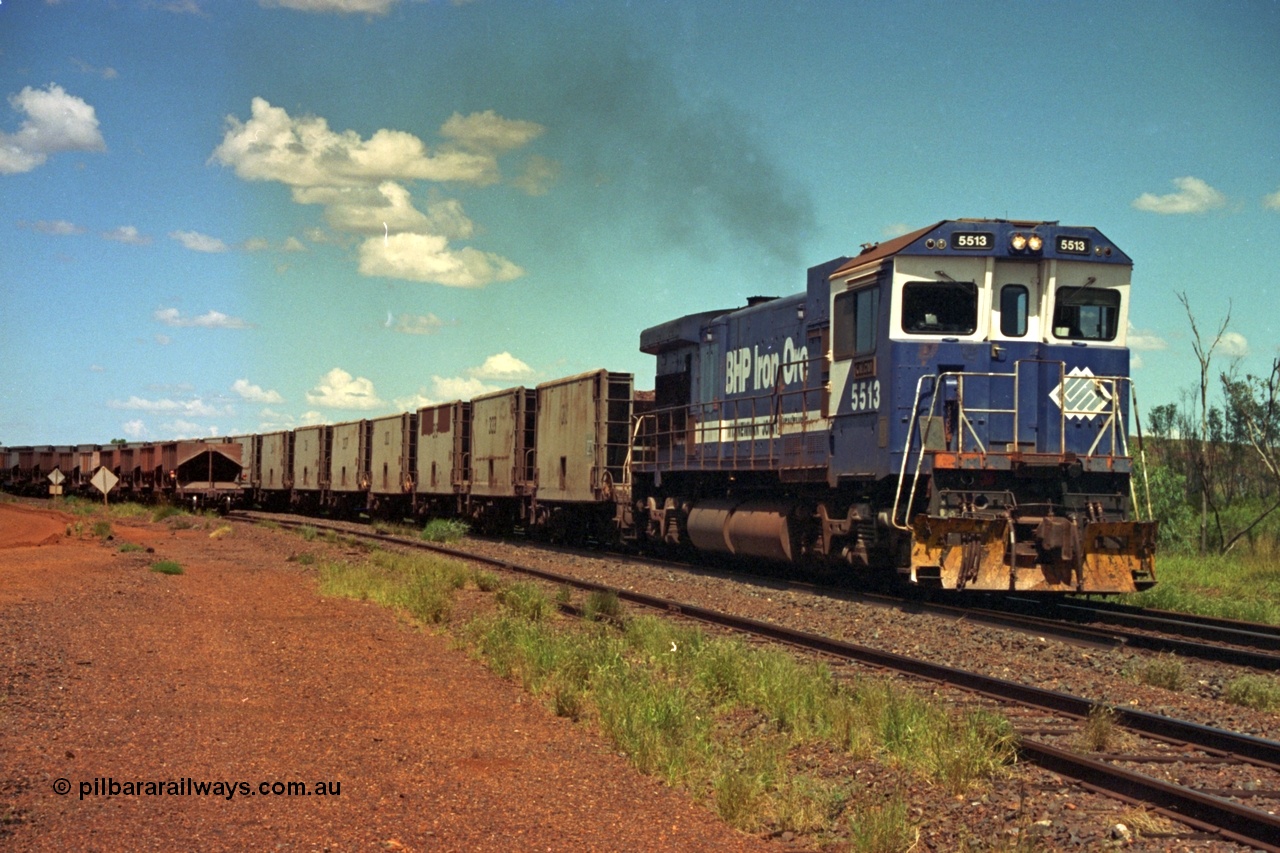 219-34
Goldsworthy Siding, a loaded train powers along the mainline behind BHP C36-7M unit 5513 'Kalgan' serial 4839-02 / 88-078, an original Mt Newman Mining ALCo C636 5453 to GE C36-7M rebuild carried out by Goninan.
Keywords: 5513;Goninan;GE;C36-7M;4839-02/88-078;rebuild;AE-Goodwin;ALCo;C636;5453;G6012-2;