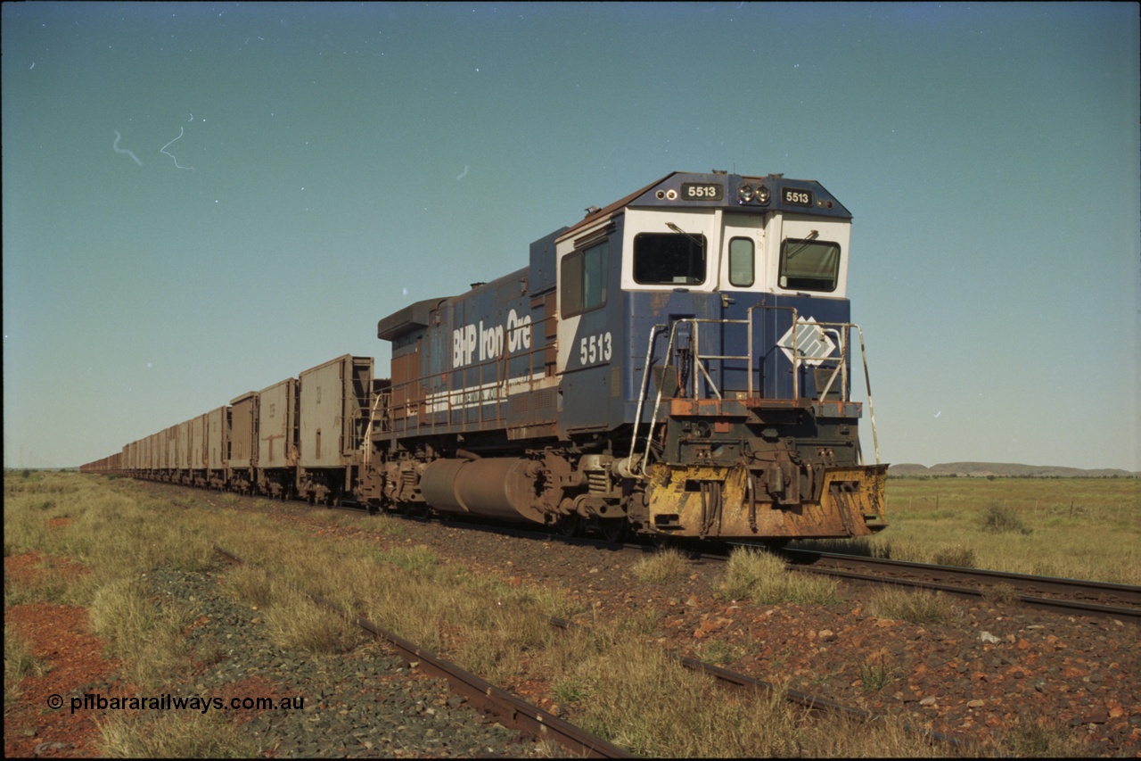 221-05
Hardie Siding, with the days of C36-7M operations numbered, Goninan rebuild 5513 serial 88-078 / 4839-02 from ALCo C636 5453 holds the mainline with a loaded train bound for Finucane Island.
Keywords: 5513;Goninan;GE;C36-7M;4839-02/88-078;rebuild;AE-Goodwin;ALCo;C636;5453;G6012-2;