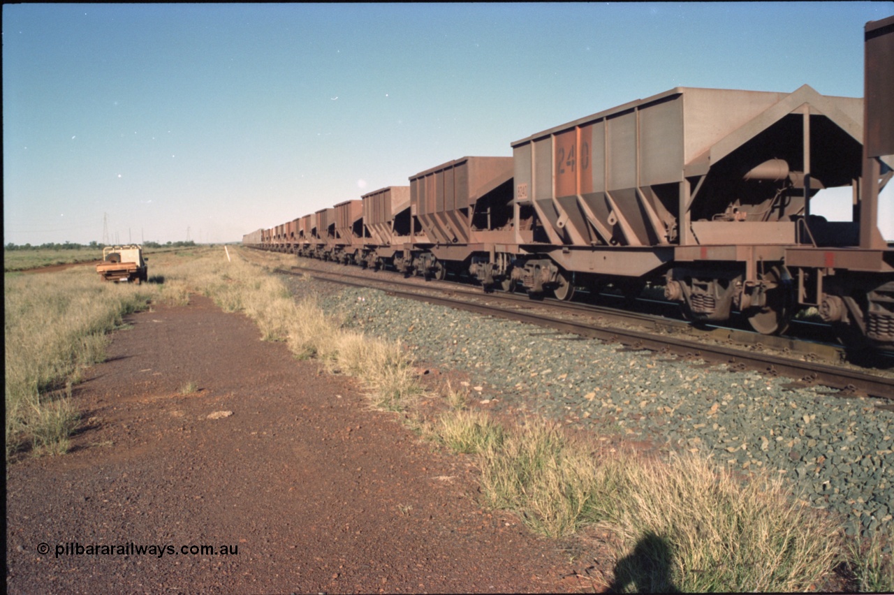 221-19
Hardie Siding, Tomlinson Steel cars make up the bulk of the fleet and the rear portions of the Goldsworthy Line trains.
