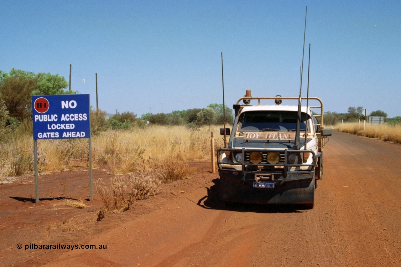 223-03
Rosella Siding, the HI Access Road and locked gate sign with the Toy Titan HJ75 Toyota Landcruiser. 21st October 2000.
