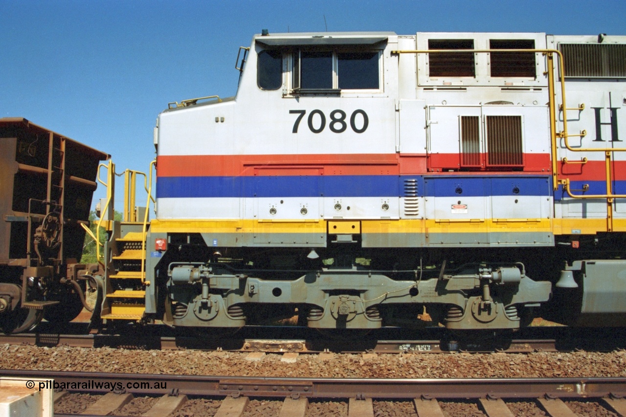 223-19
Possum Siding, left hand side cab view of Hamersley Iron loco 7080 a General Electric built Dash 9-44CW serial 47759. 21st October 2000.
Keywords: 7080;GE;Dash-9-44CW;47759;