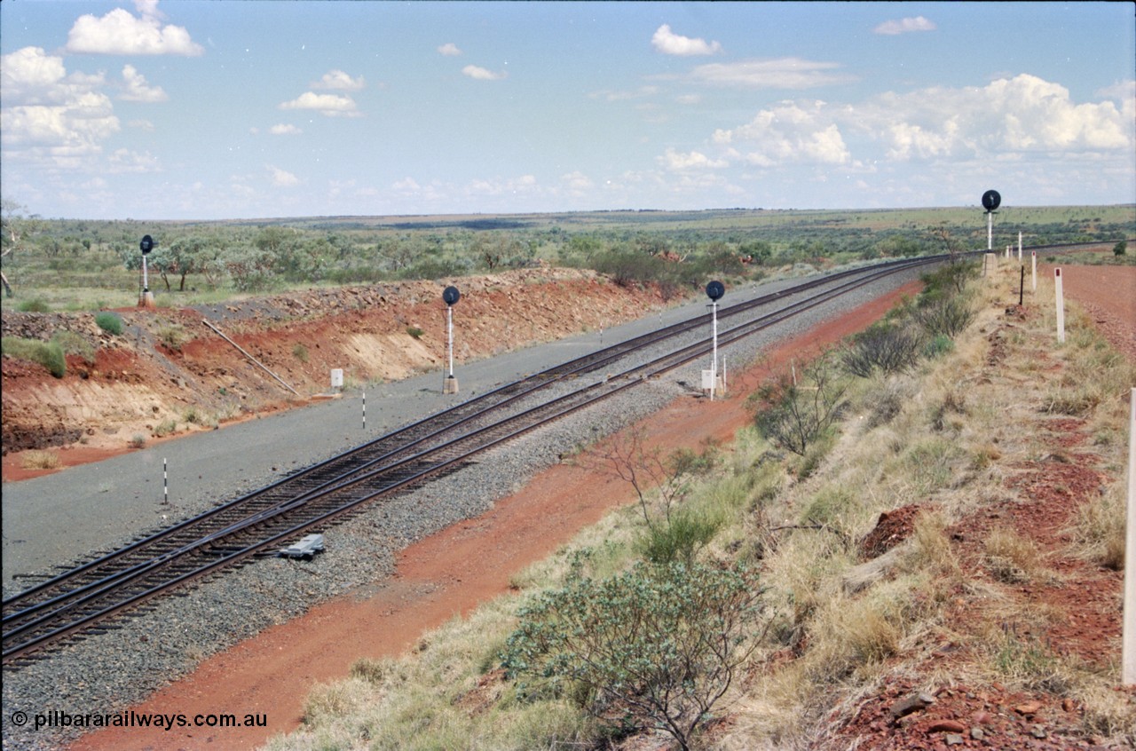 226-15
Shaw North, 216.5 km, view looking south with the 700 metre radius curve around to the right and the departure signals with the repeater posts at the far left and far right of the image. [url=https://goo.gl/maps/emPzCHvnzAJ2]GeoData[/url].
