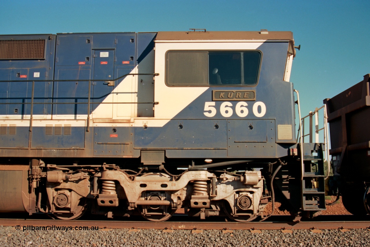 229-08
Yandi Two balloon switch, empty BHP train heading for the loadout with mid-train remote unit Goninan rebuild CM40-8M GE units 5660 'Kure' serial 8412-05 / 94-151, cab side. [url=https://goo.gl/maps/DcycDGojcBt]GeoData[/url].
Keywords: 5660;Goninan;GE;CM40-8M;8412-05/94-151;rebuild;AE-Goodwin;ALCo;M636C;5478;G6047-10;