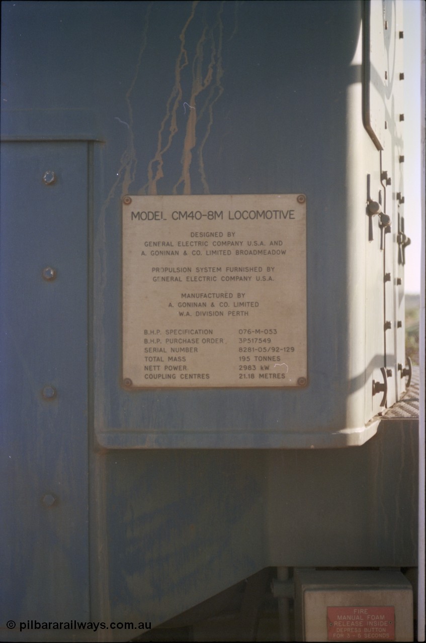 234-17
Yandi Two, BHP Iron Ore Goninan rebuild CM40-8M GE unit 5640 'Ethel Creek' serial 8281-05 / 92-129 builders plate. Circa 1998.
Keywords: 5640;Goninan;GE;CM40-8M;8281-05/92-129;rebuild;AE-Goodwin;ALCo;M636C;5479;G6047-11;