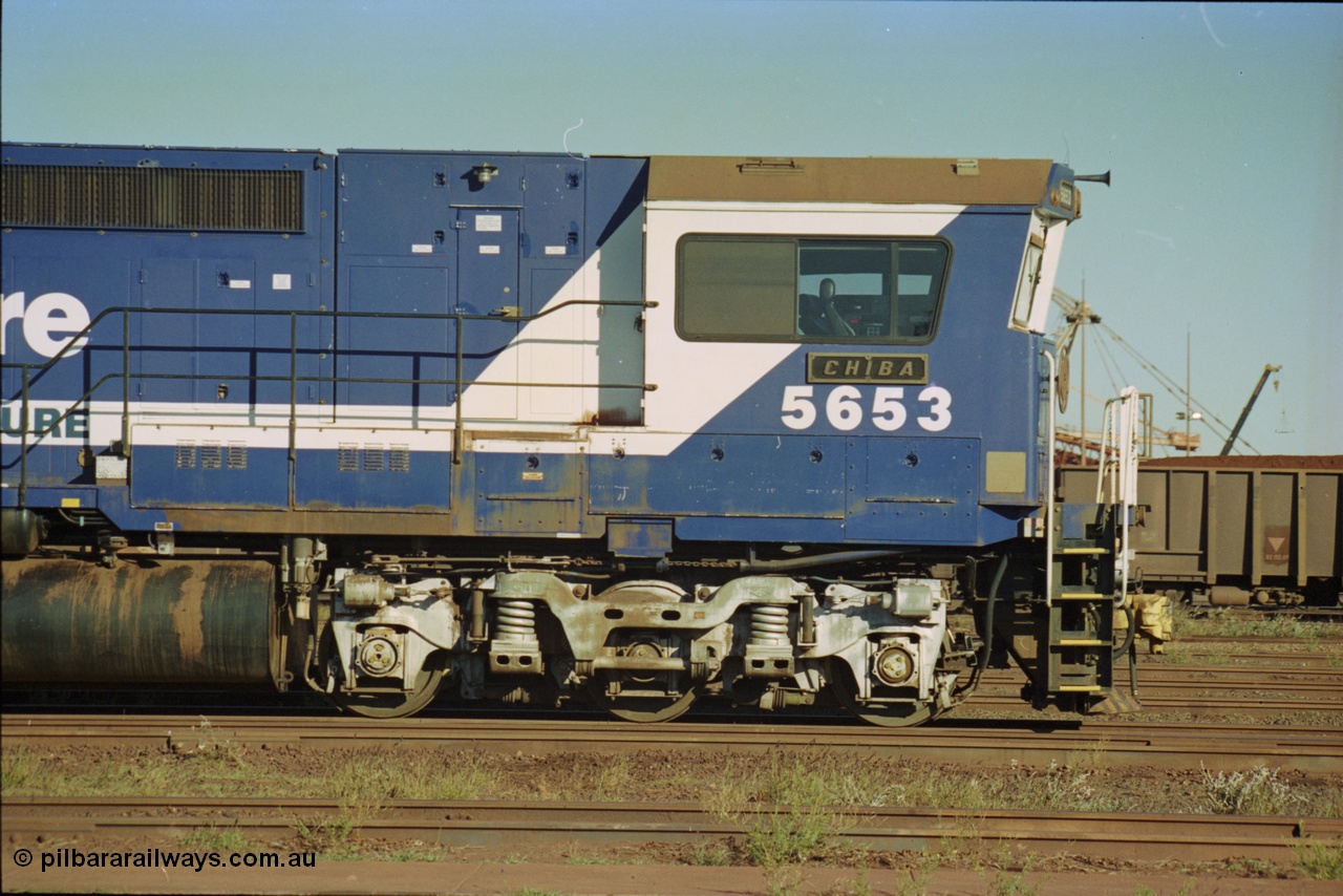 236-09
Nelson Point, Loco Overhaul Shop, BHP Dash 8 class locomotive 5653 'Chiba', a Goninan 1994 rebuild to GE CM40-8M model, serial 8412-10 / 93-144, drivers side cab view.
Keywords: 5653;Goninan;GE;CM40-8M;8412-10/93-144;rebuild;AE-Goodwin;ALCo;M636C;5484;G6061-5;