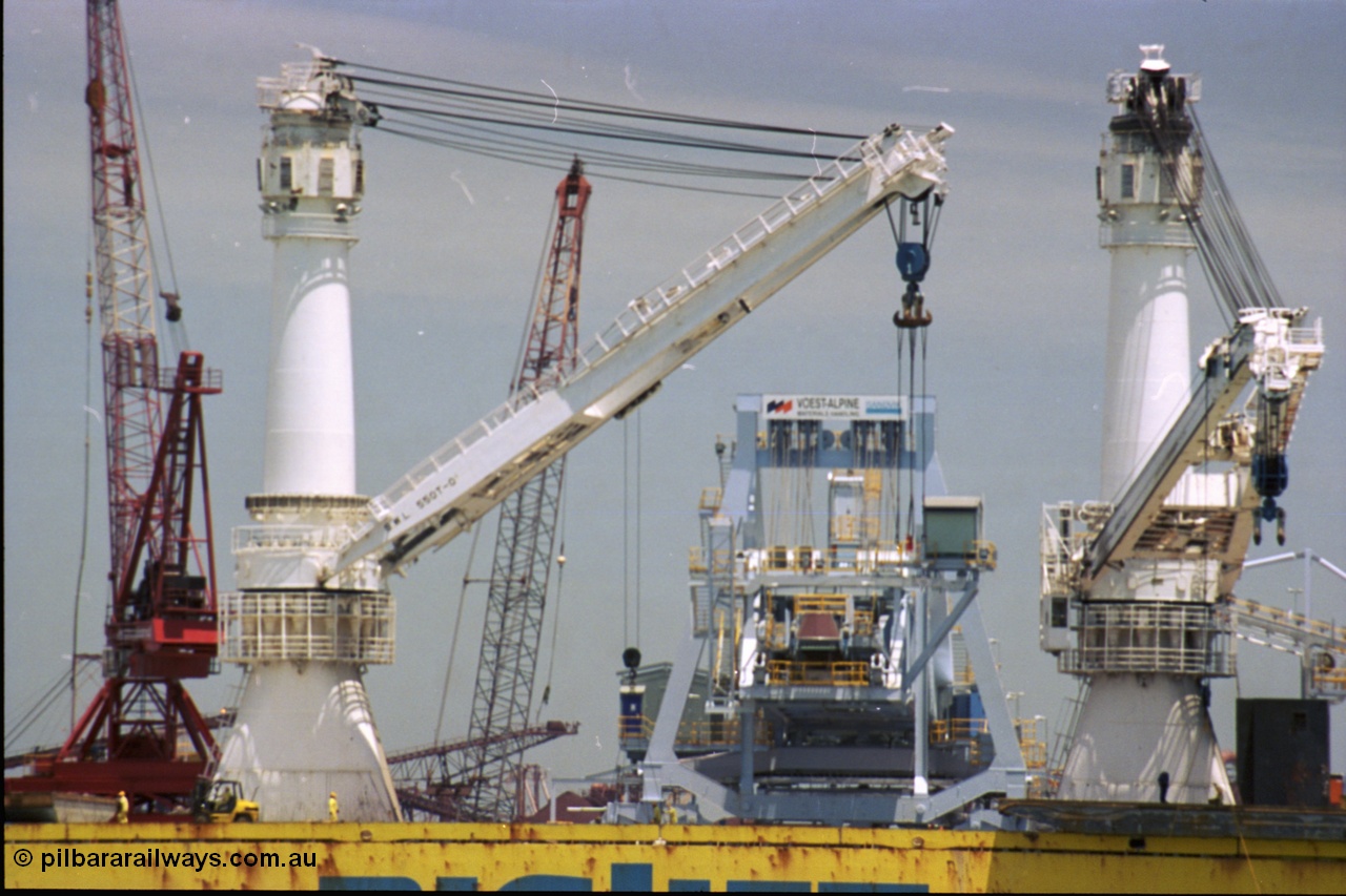 238-08
Port Hedland Harbour, heavy lift ship Happy Buccaneer (IMO: 8300389) sits at Finucane Island D Berth delivering a new shiploader for BHP Billiton. 1st November 2003. [url=https://goo.gl/maps/vWZoHTsRPsp] Geodata [/url]. Back in time here the ship cranes were only 550 tonne each, these are now 700.
Keywords: Happy-Buccaneer;Hitachi-Shipbuilding-Osaka-Japan;