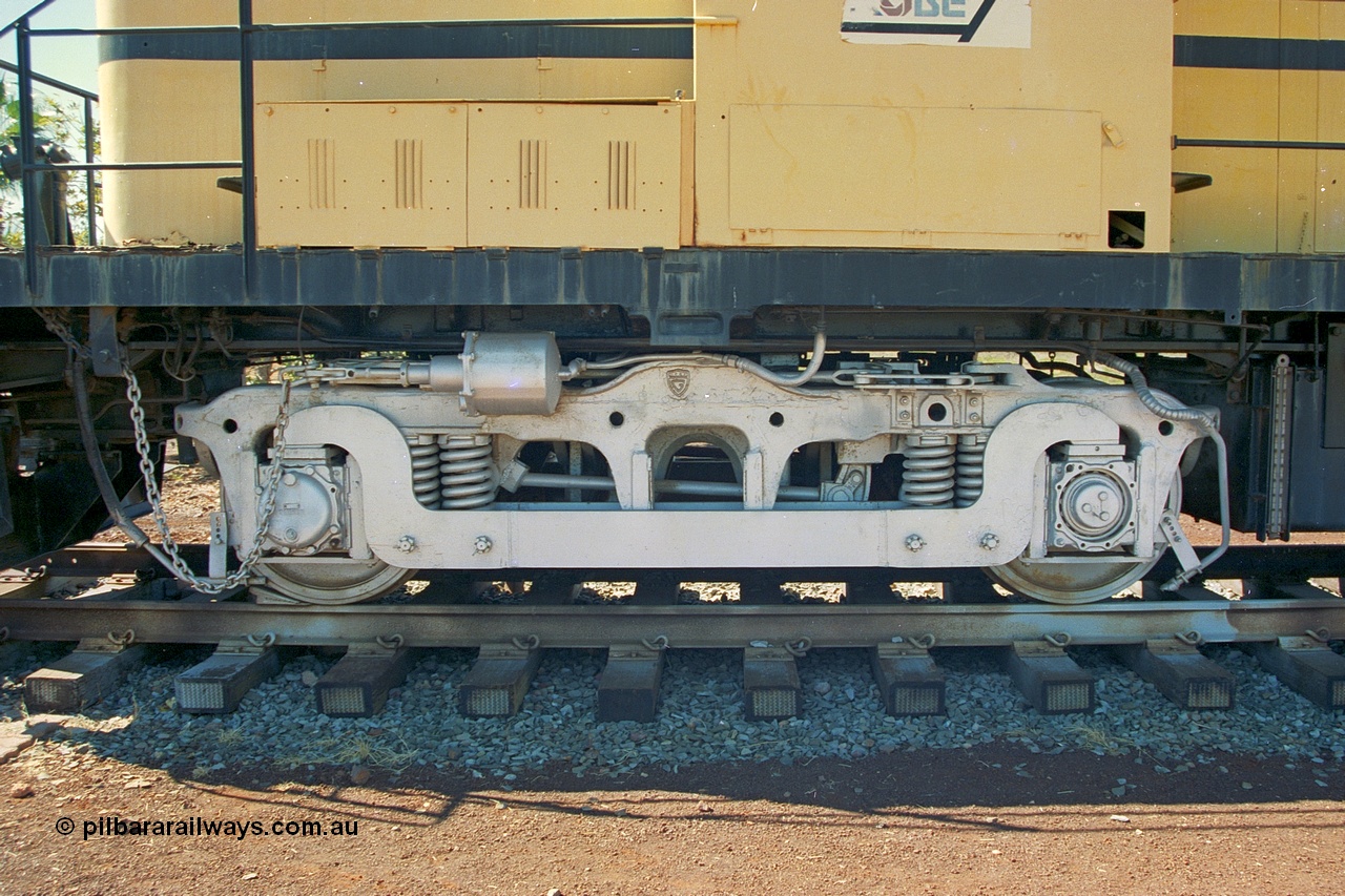 240-16
Wickham, left hand side number one end view of former Robe River and NSWGR MLW built ALCo RSC3 serial 77737 of October 1951, was originally 40 class 4006. Shows modified bogie to convert the A1A to a BO bogie type. 31st August 2002.
Keywords: 9401;MLW;ALCo;RSC3;77737;40-class;4006;