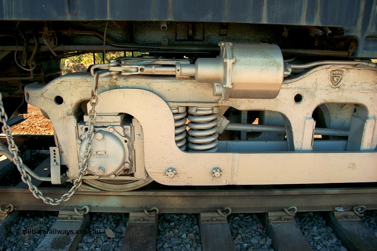 240-21
Wickham, left hand side number one end view of former Robe River and NSWGR MLW built ALCo RSC3 serial 77737 of October 1951, was originally 40 class 4006. Shows modified bogie to convert the A1A to a BO bogie type. 31st August 2002.
Keywords: 9401;MLW;ALCo;RSC3;77737;40-class;4006;
