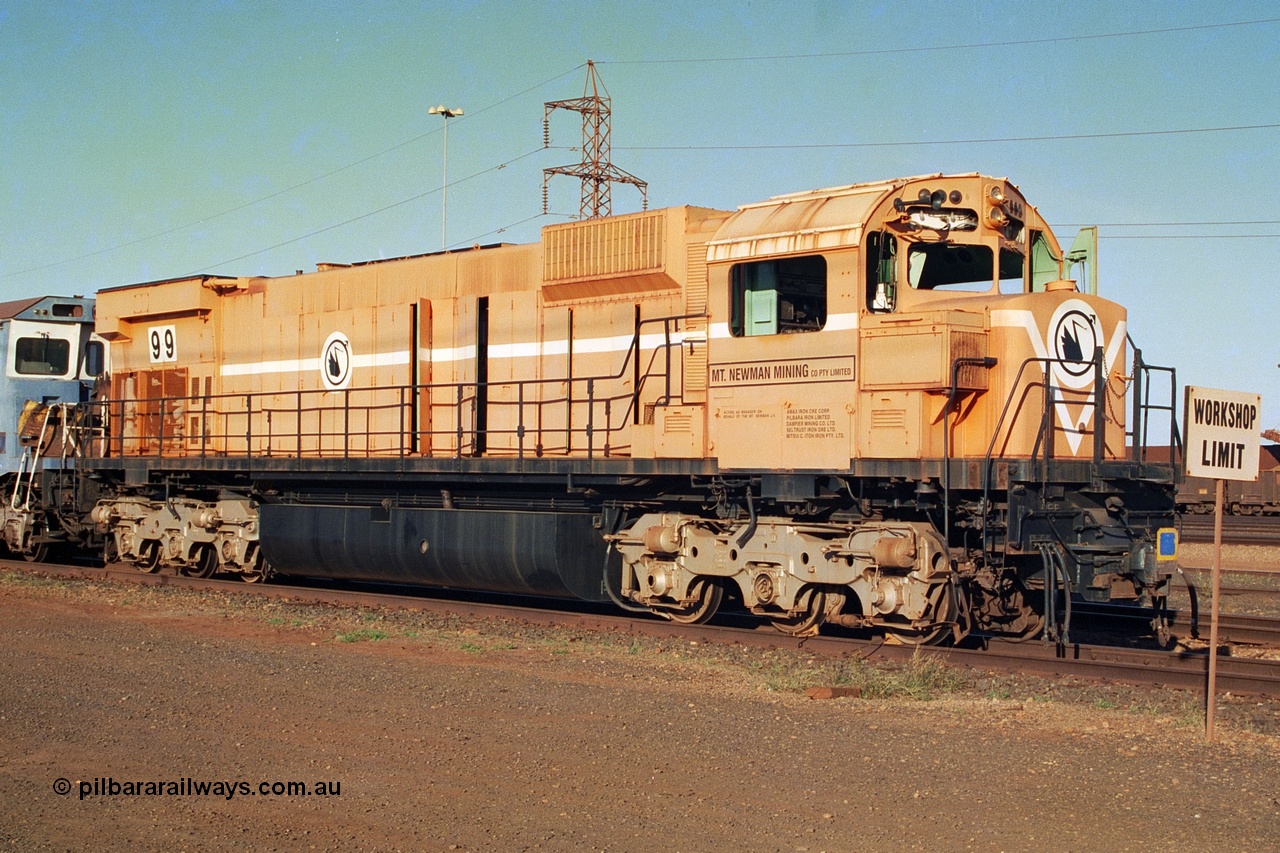 241-01
Nelson Point, Mt Newman Mining's last in-service ALCo M636 unit 5499 serial C6096-4 built by Comeng NSW sits awaiting partial dismantling before being sent by road to Rail Heritage WA's museum at Bassendean, Perth for preservation. June 2002.
Keywords: 5499;Comeng-NSW;MLW-ALCo;M636;C6096-4;