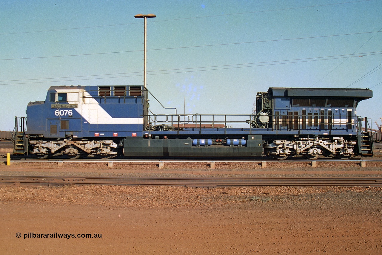 242-13
Nelson Point, Loco Overhaul Shop, General Electric built AC6000 locomotive 6076 'Mt Goldsworthy' serial 51068 with engine and alternator removed. May 2002.
Keywords: 6076;GE;AC6000;51068;