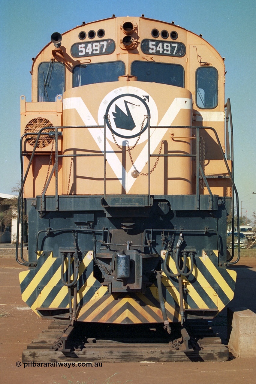 242-19
Port Hedland, Don Rhodes Mining Museum, preserved Mt Newman Mining Comeng NSW built ALCo M636 unit 5497 serial C6096-2 stands in the afternoon sunlight. May 2002.
Keywords: 5497;Comeng-NSW;MLW-ALCo;M636;C6096-2;