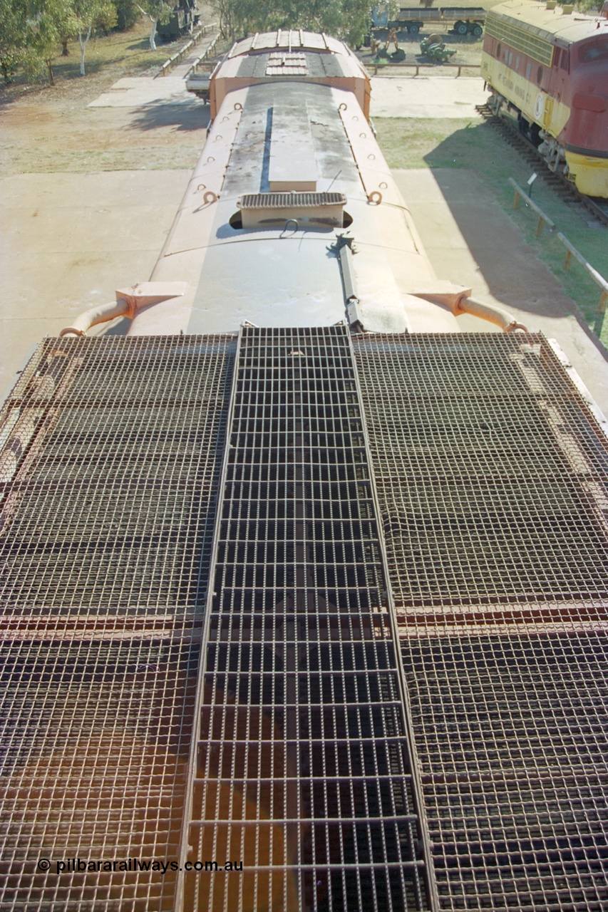 242-34
Port Hedland, Don Rhodes Mining Museum, preserved Mt Newman Mining Comeng NSW built ALCo M636 unit 5497 serial C6096-2, view of radiator and roof. May 2002.
Keywords: 5497;Comeng-NSW;MLW-ALCo;M636;C6096-2;