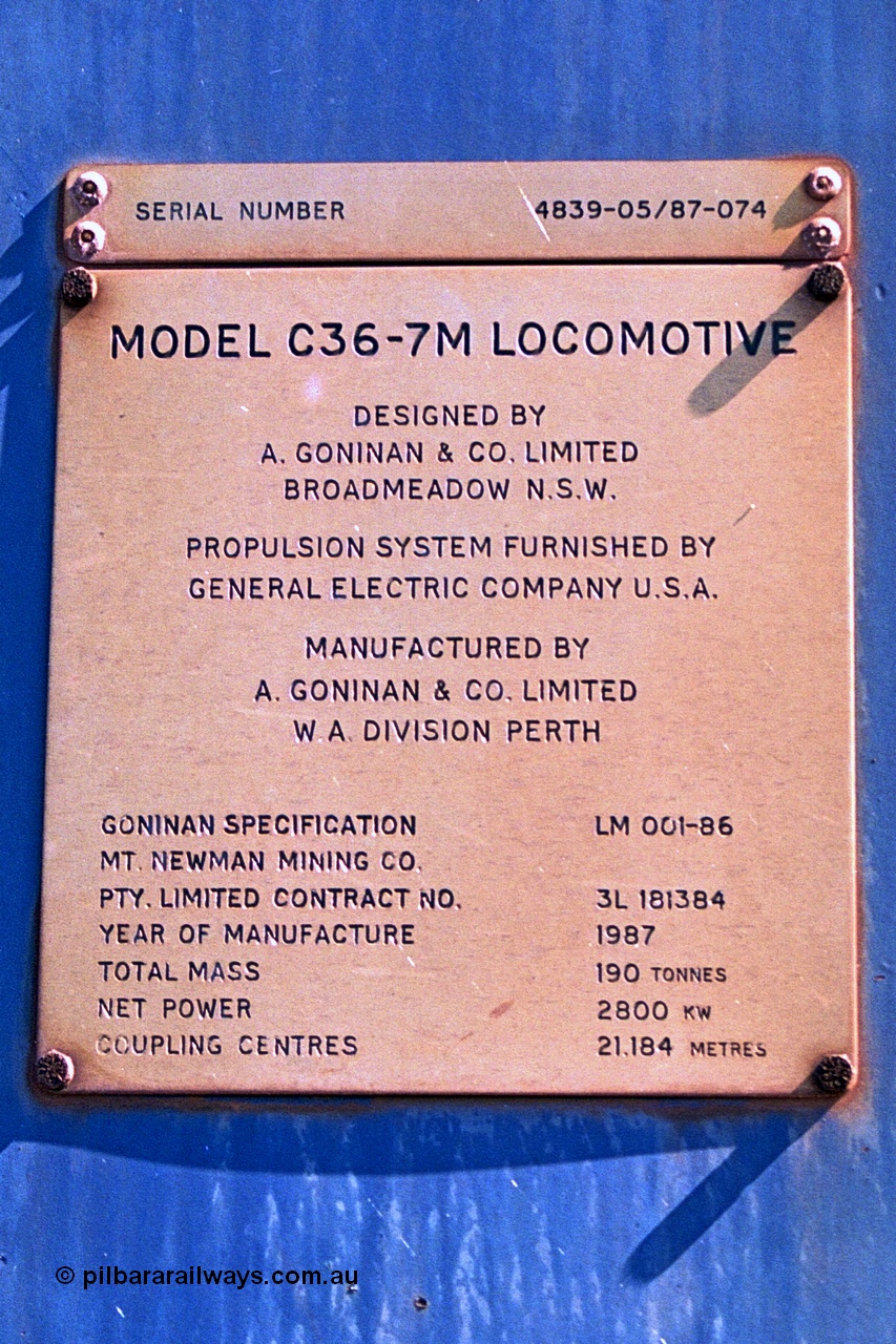 251-10
Nelson Point, BHP's recently retired Goninan WA ALCo C636 to GE C36-7M rebuild unit 5509 builders plate. 22nd April 2000.
Keywords: 5509;Goninan;GE;C36-7M;4839-05/87-074;rebuild;AE-Goodwin;ALCo;C636;5452;G6012-1;