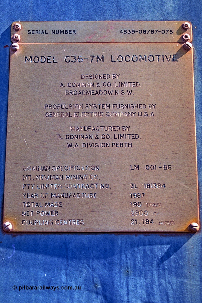 251-12
Nelson Point, BHP's recently retired Goninan WA ALCo C636 to GE C36-7M rebuild unit 5511 builders plate. 22nd April 2000.
Keywords: 5511;Goninan;GE;C36-7M;4839-08/87-076;rebuild;AE-Goodwin;ALCo;C636;5463;G6035-4;