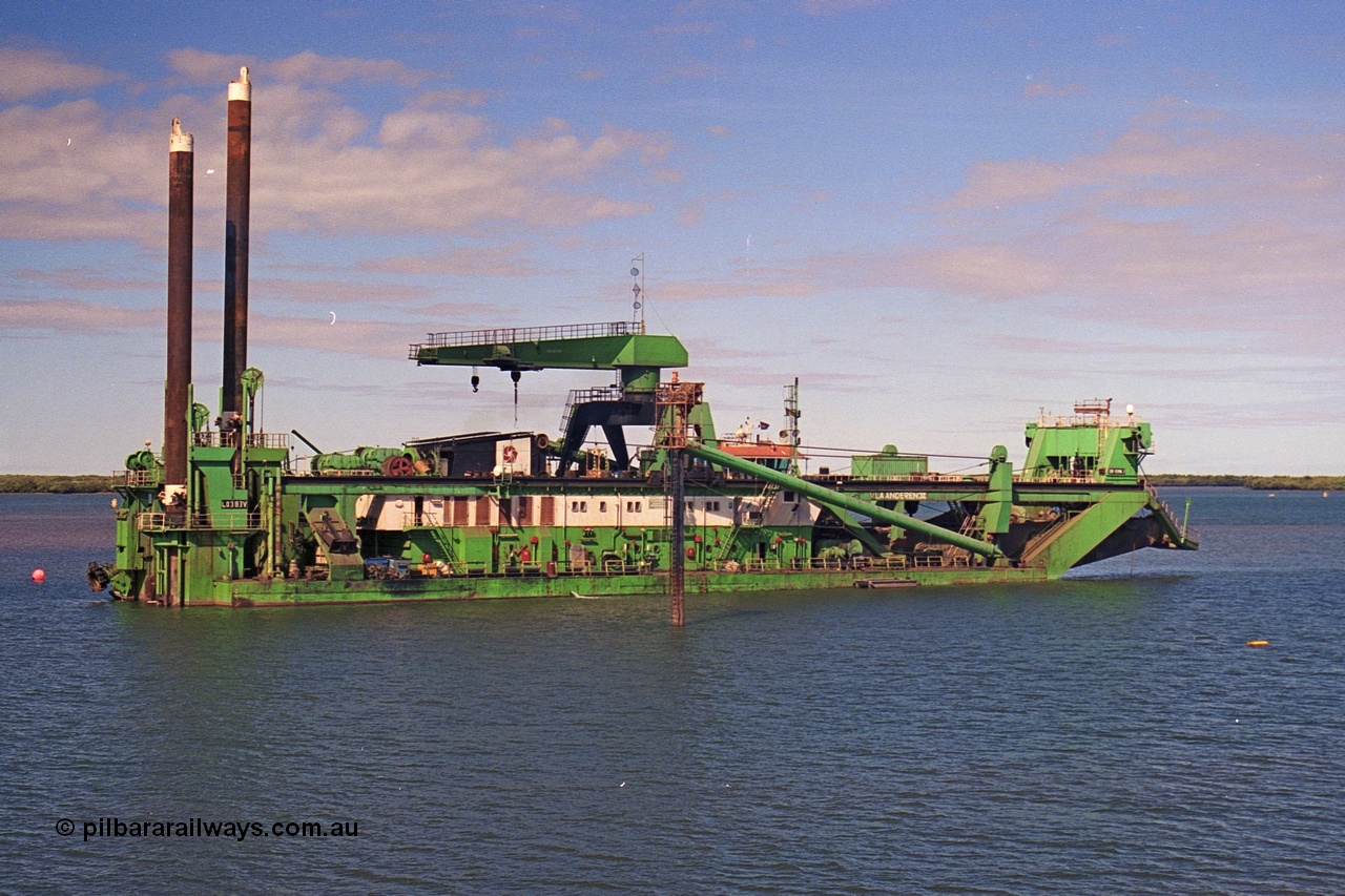 253-11
Port Hedland harbour sees the suction / cutter dredge Vlaanderen XI with IMO #7712080. The Vlaanderen XI was originally built in 1978 by IHC Dredgers with yard number 1108 and originally named New Amsterdam, named the Vlaanderen XI in 1986, renamed again in 2007 to Kaveri and again to Huta 15 in 2014.
