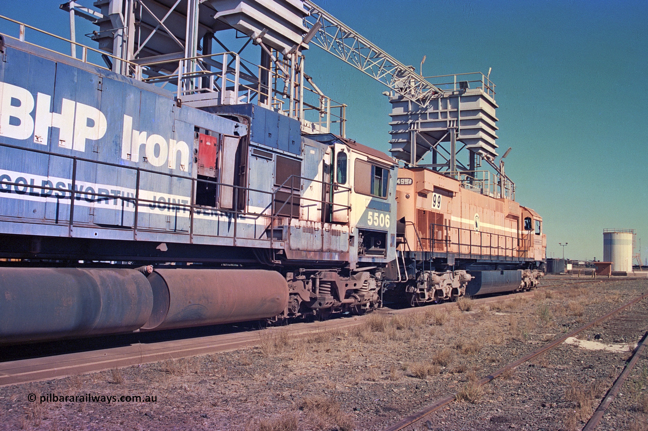 258-14
Nelson Point, old Loco Prep, Mt Newman Mining's last in-service ALCo M636 unit 5499 serial C6096-4 built by Comeng NSW sits awaiting partial dismantling before being sent by road to Rail Heritage WA's museum at Bassendean, Perth for preservation. May 2002.
Keywords: 5499;Comeng-NSW;MLW-ALCo;M636;C6096-4;