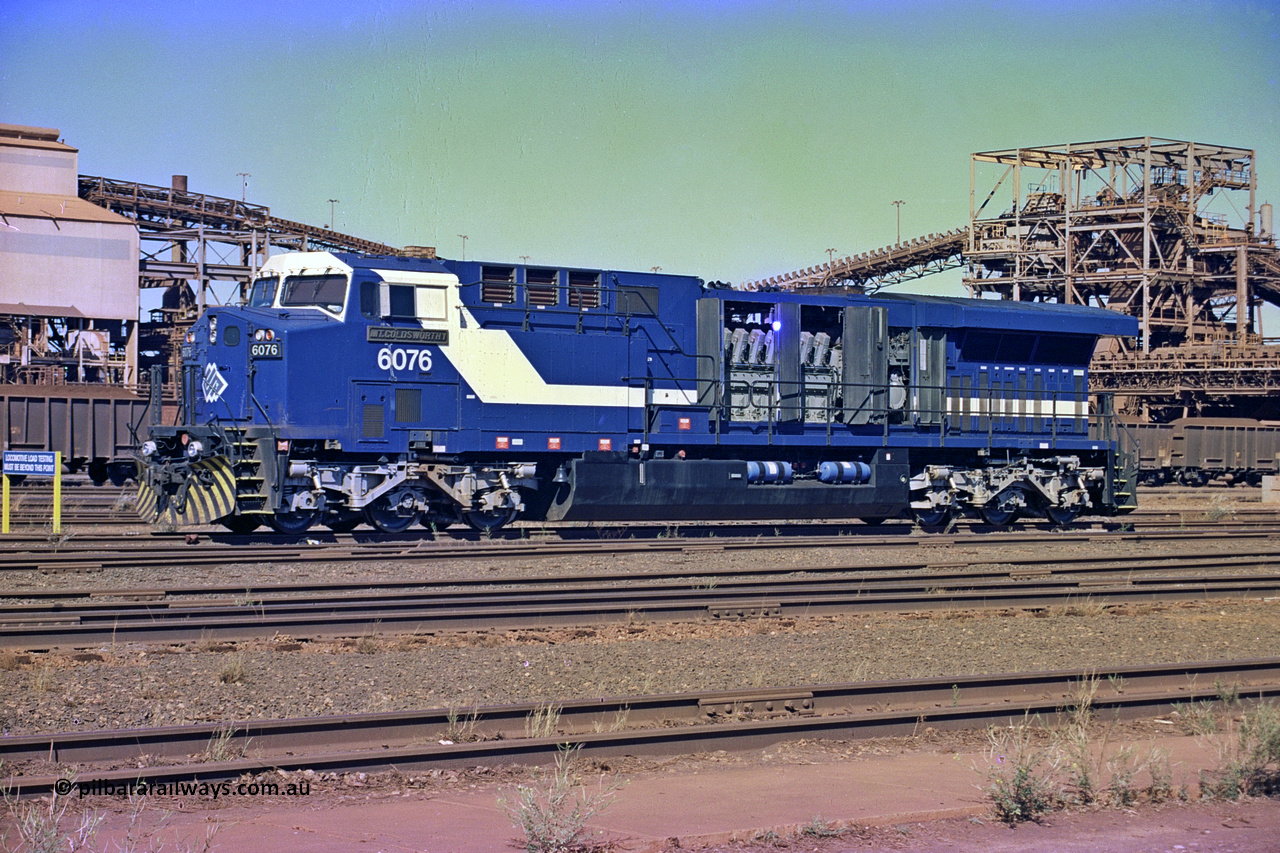 258-30
Nelson Point, Loco Overhaul Shop, General Electric built AC6000 locomotive 6076 'Mt Goldsworthy' serial 51068. Early May 2002.
Keywords: 6076;GE;AC6000;51068;