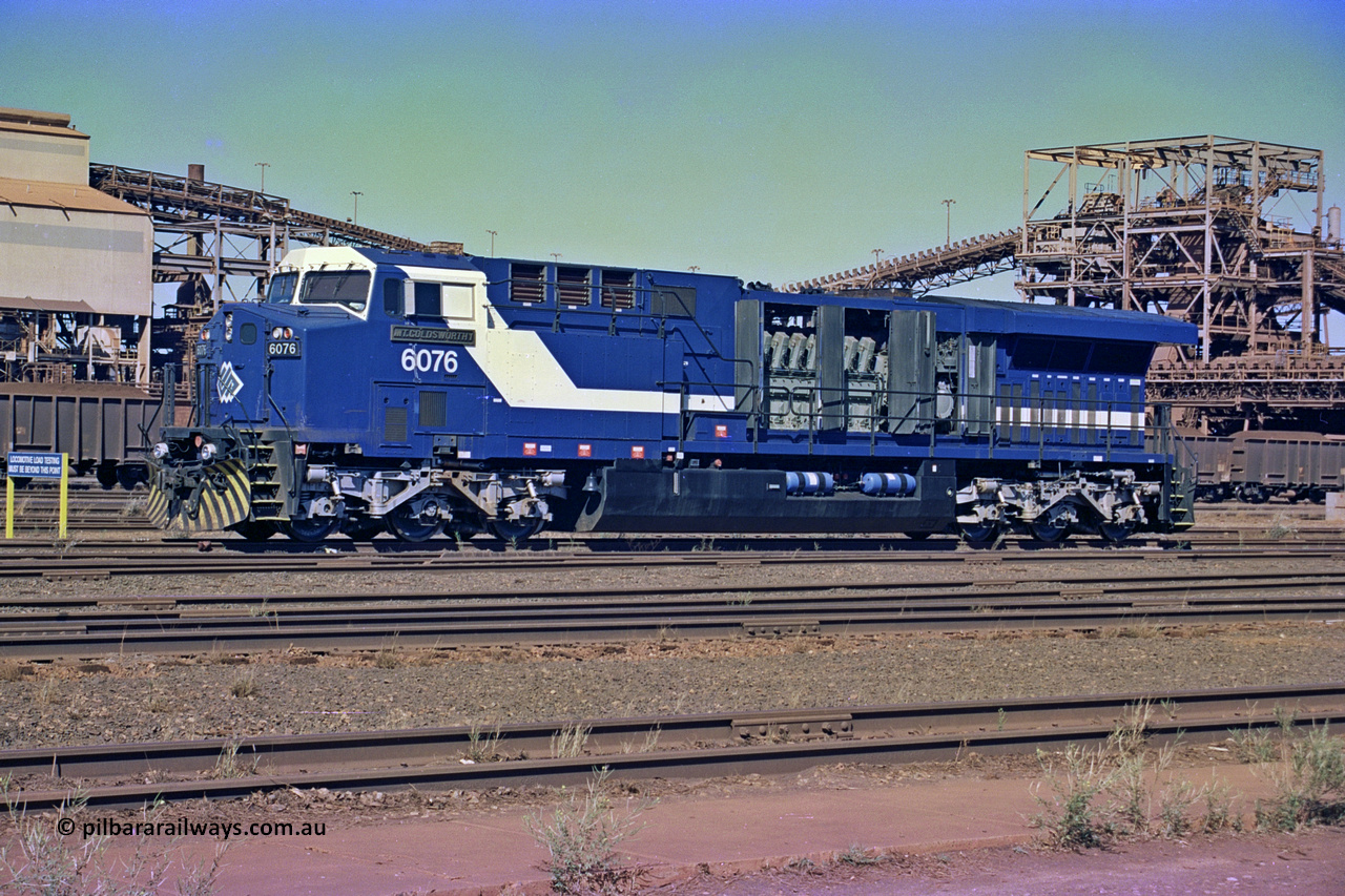 258-31
Nelson Point, Loco Overhaul Shop, General Electric built AC6000 locomotive 6076 'Mt Goldsworthy' serial 51068. Early May 2002.
Keywords: 6076;GE;AC6000;51068;
