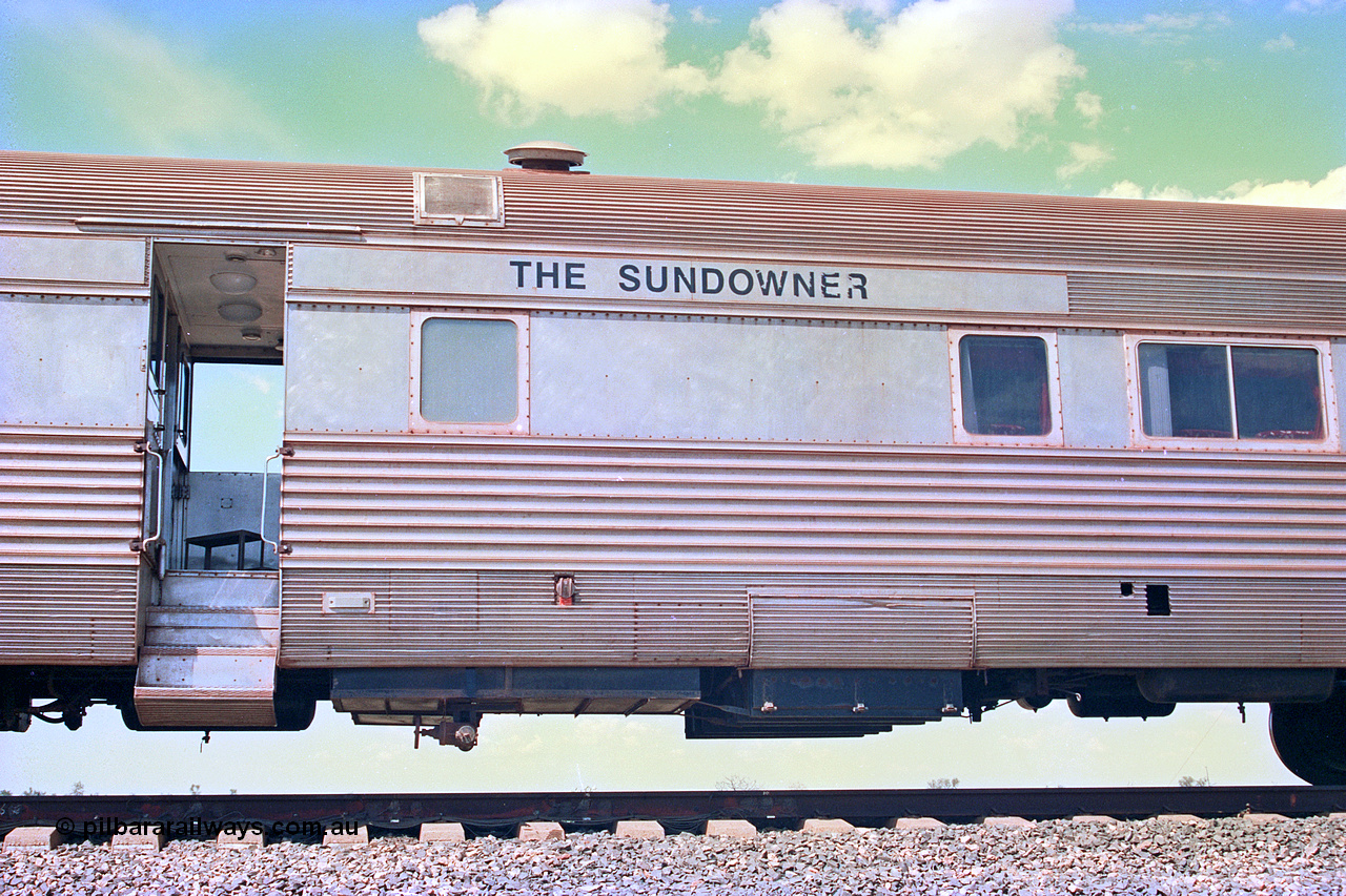 268-18
At the 39 km detection site with the Alstom 25-year special, the Sundowner coach, originally built by E. G. Budd in 1939 numbered 301 as the Silver Star, a diner-parlour-observation coach on the Chicago, Burlington and Quincy Railroad's General Pershing Zephyr train from the 1930s and 1940s. Donated to Mt Newman Mining Co. by AMAX an original joint venture partner to commemorate the projects first 100 million tonnes of iron ore railed between Mount Whaleback mine and the Port Hedland port. 12th of April 2002.
Keywords: Silver-Star;EG-Budd;Sundowner;General-Pershing-Zephyr;301;