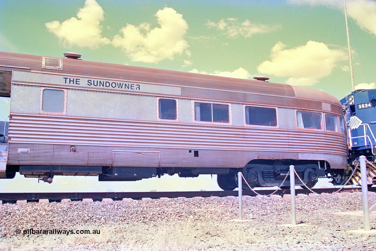 268-19
At the 39 km detection site with the Alstom 25-year special, the Sundowner coach, originally built by E. G. Budd in 1939 numbered 301 as the Silver Star, a diner-parlour-observation coach on the Chicago, Burlington and Quincy Railroad's General Pershing Zephyr train from the 1930s and 1940s. Donated to Mt Newman Mining Co. by AMAX an original joint venture partner to commemorate the projects first 100 million tonnes of iron ore railed between Mount Whaleback mine and the Port Hedland port. 12th of April 2002.
Keywords: Silver-Star;EG-Budd;Sundowner;General-Pershing-Zephyr;301;