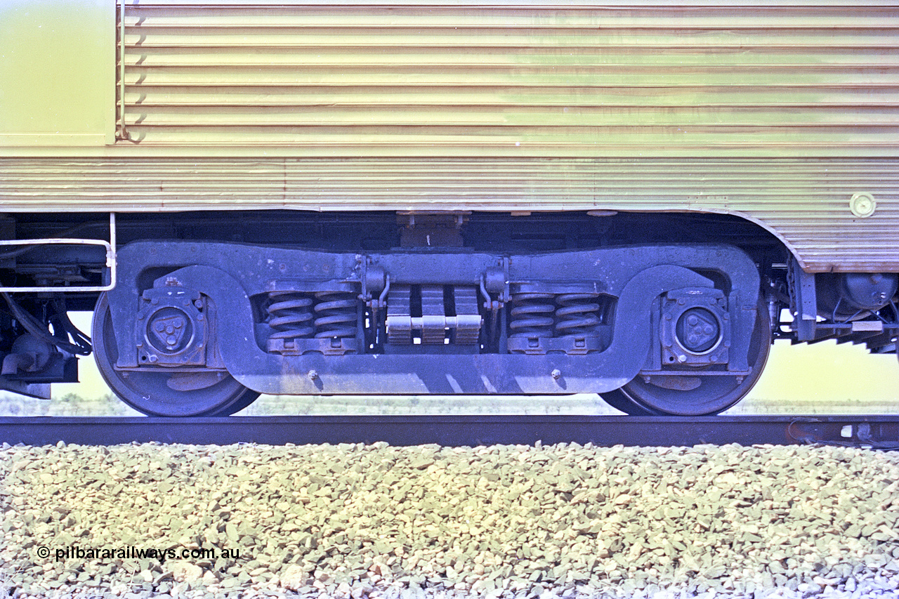 268-21
At the 39 km detection site with the Alstom 25-year special, the Sundowner coach, originally built by E. G. Budd in 1939 numbered 301 as the Silver Star, a diner-parlour-observation coach on the Chicago, Burlington and Quincy Railroad's General Pershing Zephyr train from the 1930s and 1940s. Donated to Mt Newman Mining Co. by AMAX an original joint venture partner to commemorate the projects first 100 million tonnes of iron ore railed between Mount Whaleback mine and the Port Hedland port. 12th of April 2002.
Keywords: Silver-Star;EG-Budd;Sundowner;General-Pershing-Zephyr;301;