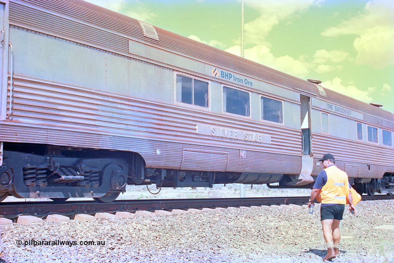268-22
At the 39 km detection site with the Alstom 25-year special, the Sundowner coach, originally built by E. G. Budd in 1939 numbered 301 as the Silver Star, a diner-parlour-observation coach on the Chicago, Burlington and Quincy Railroad's General Pershing Zephyr train from the 1930s and 1940s. Donated to Mt Newman Mining Co. by AMAX an original joint venture partner to commemorate the projects first 100 million tonnes of iron ore railed between Mount Whaleback mine and the Port Hedland port. 12th of April 2002.
Keywords: Silver-Star;EG-Budd;Sundowner;General-Pershing-Zephyr;301;