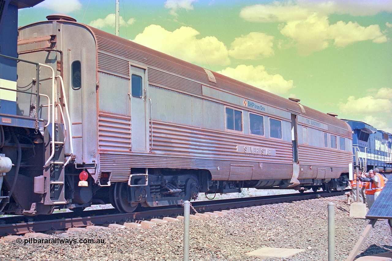 268-25
At the 39 km detection site with the Alstom 25-year special, the Sundowner coach, originally built by E. G. Budd in 1939 numbered 301 as the Silver Star, a diner-parlour-observation coach on the Chicago, Burlington and Quincy Railroad's General Pershing Zephyr train from the 1930s and 1940s. Donated to Mt Newman Mining Co. by AMAX an original joint venture partner to commemorate the projects first 100 million tonnes of iron ore railed between Mount Whaleback mine and the Port Hedland port. 12th of April 2002.
Keywords: Silver-Star;EG-Budd;Sundowner;General-Pershing-Zephyr;301;