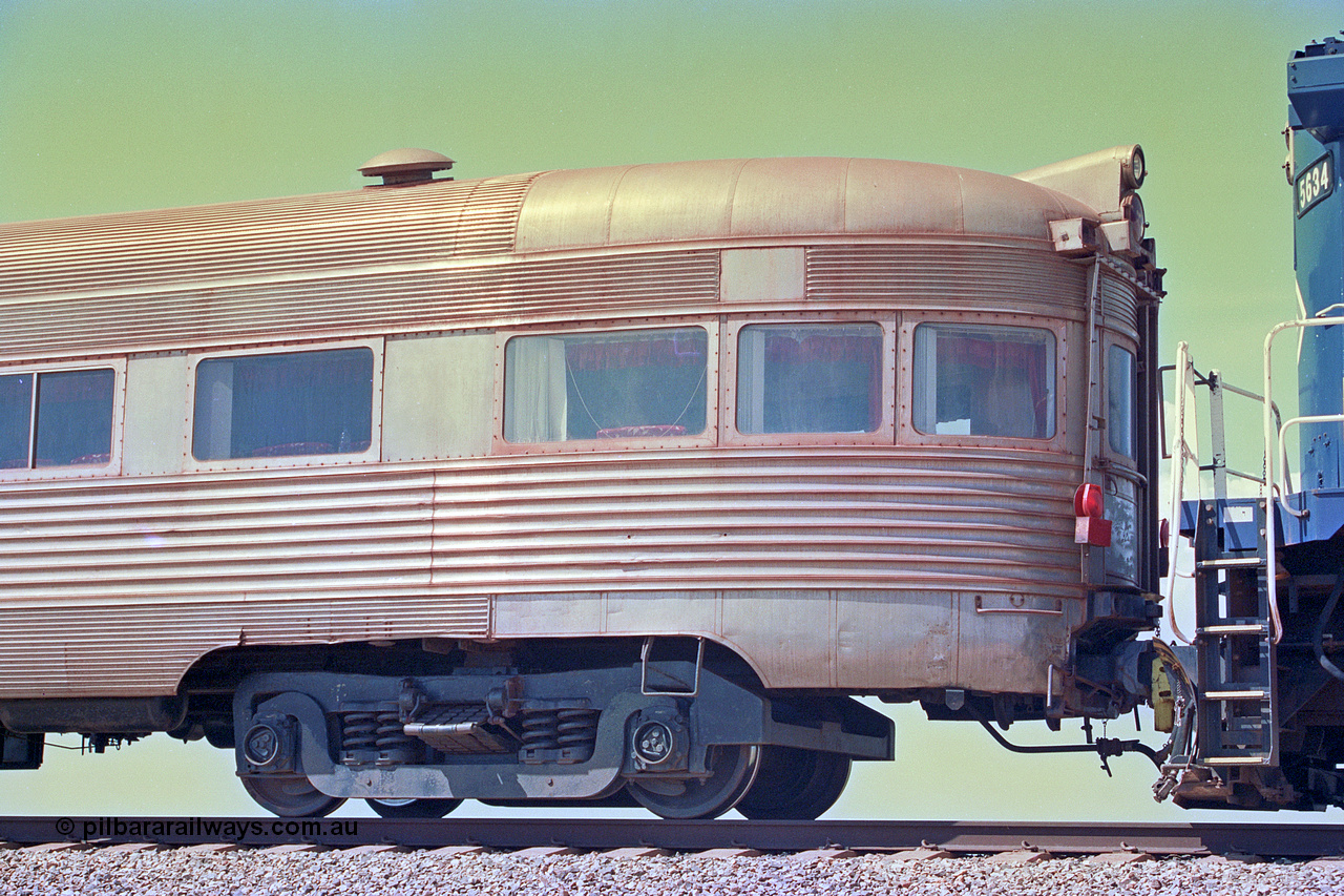 268-31
At the 39 km detection site with the Alstom 25-year special, the Sundowner coach, originally built by E. G. Budd in 1939 numbered 301 as the Silver Star, a diner-parlour-observation coach on the Chicago, Burlington and Quincy Railroad's General Pershing Zephyr train from the 1930s and 1940s. Donated to Mt Newman Mining Co. by AMAX an original joint venture partner to commemorate the projects first 100 million tonnes of iron ore railed between Mount Whaleback mine and the Port Hedland port. 12th of April 2002.
Keywords: Silver-Star;EG-Budd;Sundowner;General-Pershing-Zephyr;301;