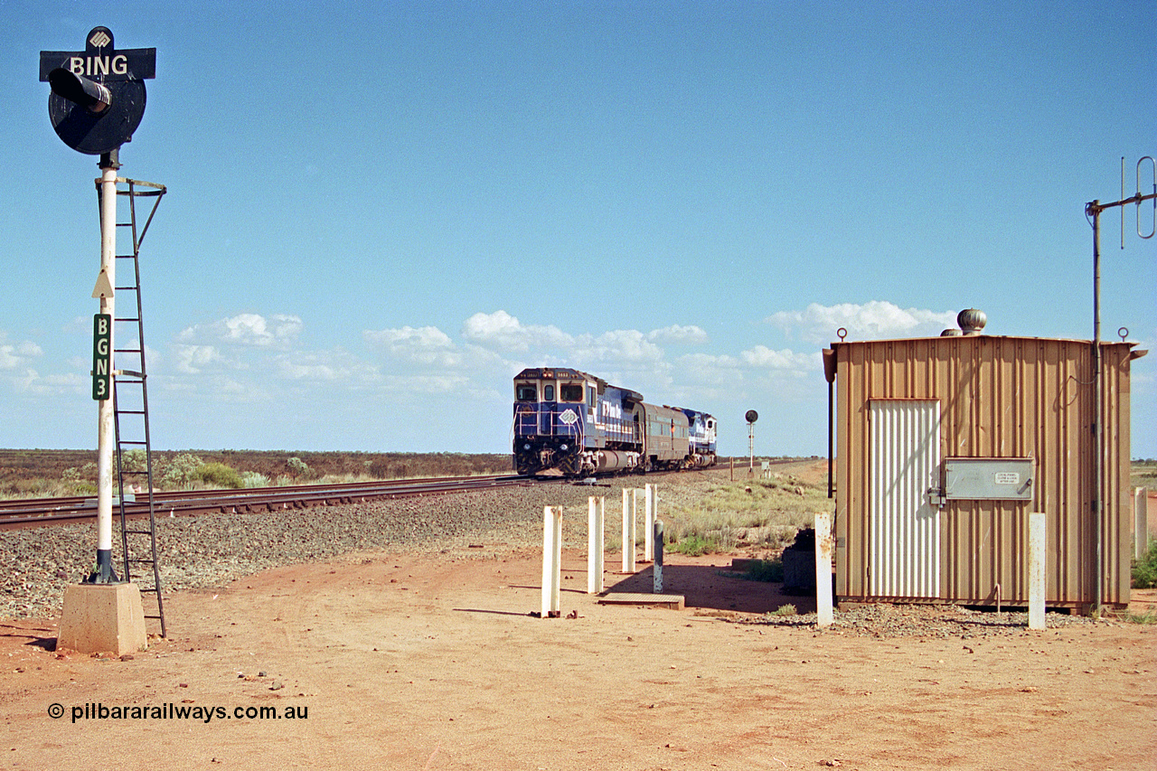 269-15
Bing North and the Alstom 25-year service agreement special led by BHP Iron Ore's Goninan GE rebuild CM40-8M unit 5653 'Chiba' serial number 8412-10 / 93-144 heads back to Nelson Point with The Sundowner and 5634 on the rear of the train. Friday 12th of April 2002.
Keywords: 5653;Goninan;GE;CM40-8M;8412-10/93-144;rebuild;AE-Goodwin;ALCo;M636C;5484;G6061-5;
