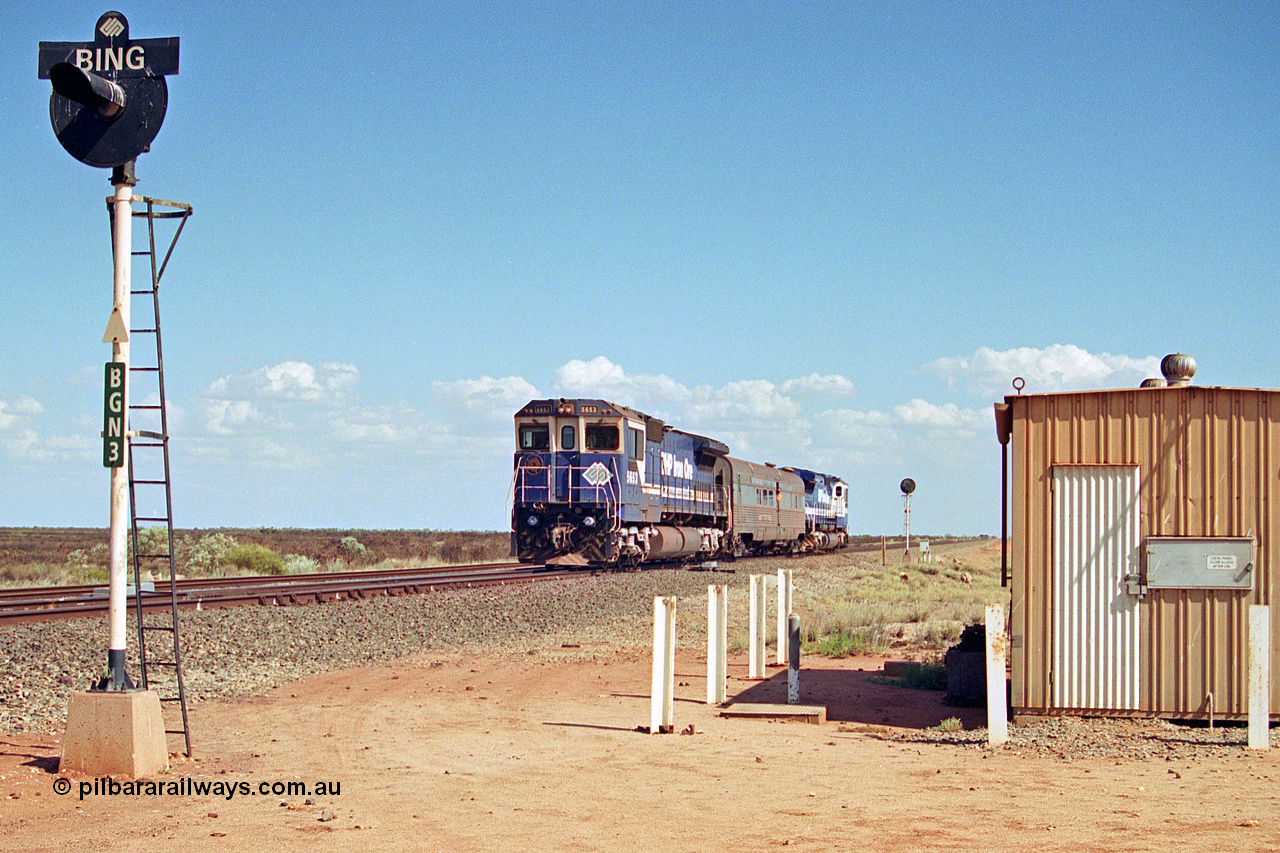 269-16
Bing North and the Alstom 25-year service agreement special led by BHP Iron Ore's Goninan GE rebuild CM40-8M unit 5653 'Chiba' serial number 8412-10 / 93-144 heads back to Nelson Point with The Sundowner and 5634 on the rear of the train. Friday 12th of April 2002.
Keywords: 5653;Goninan;GE;CM40-8M;8412-10/93-144;rebuild;AE-Goodwin;ALCo;M636C;5484;G6061-5;