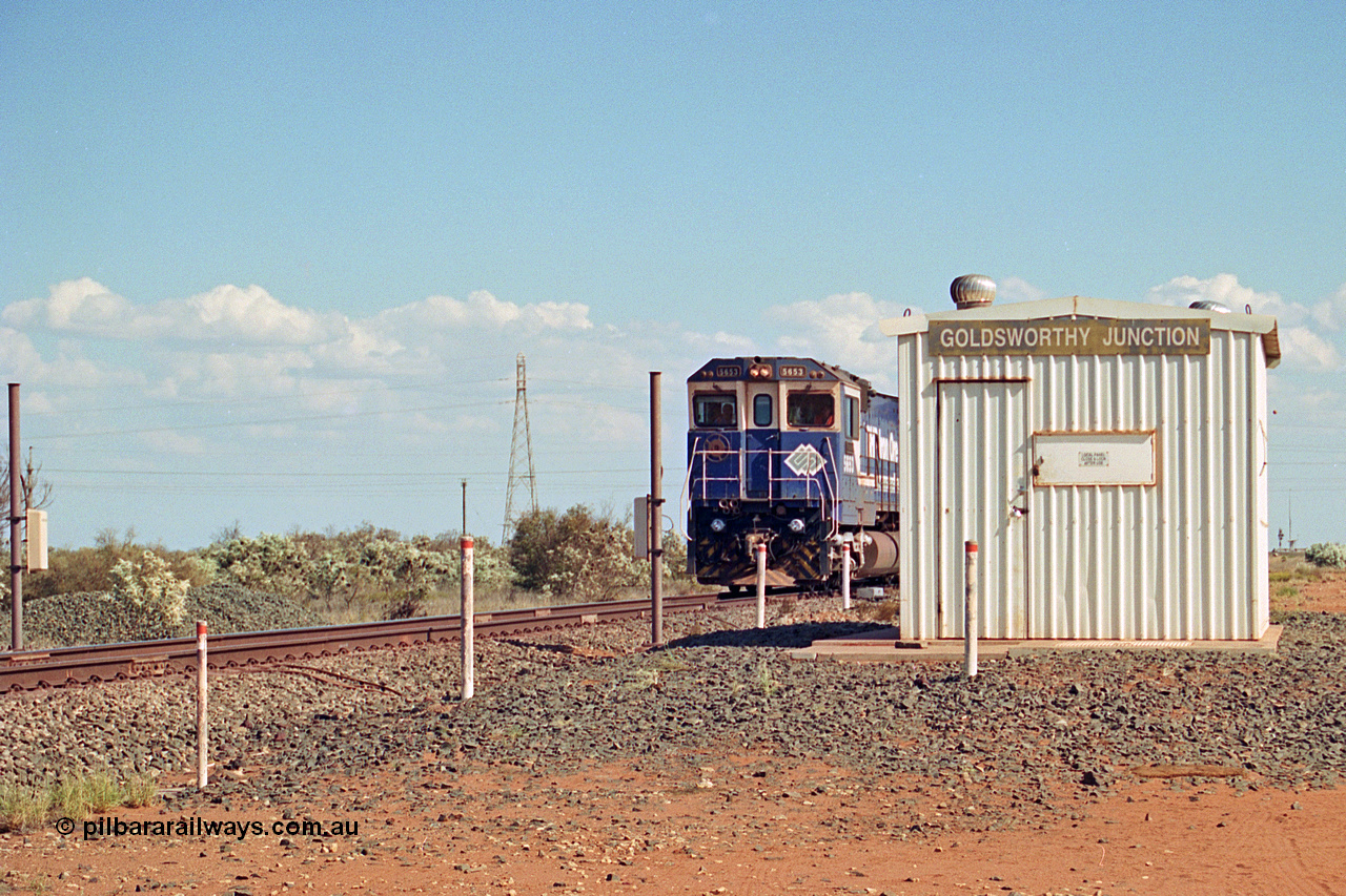 269-20
Goldsworthy Junction, and the Alstom 25-year service agreement special led by BHP Iron Ore's Goninan GE rebuild CM40-8M unit 5653 'Chiba' serial number 8412-10 / 93-144 heads back to Nelson Point with The Sundowner and 5634 on the rear of the train. Friday 12th of April 2002.
Keywords: 5653;Goninan;GE;CM40-8M;8412-10/93-144;rebuild;AE-Goodwin;ALCo;M636C;5484;G6061-5;