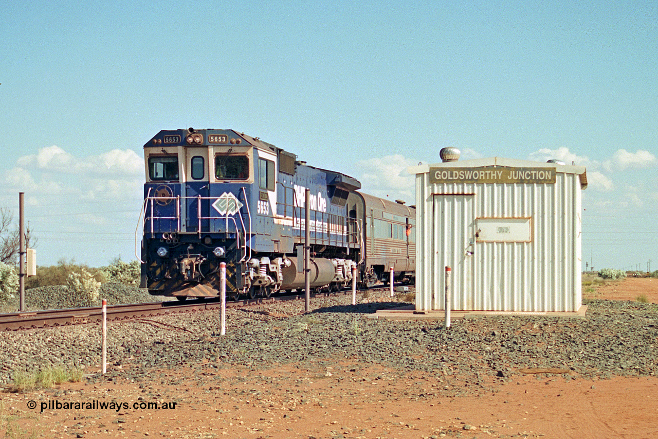 269-21
Goldsworthy Junction, and the Alstom 25-year service agreement special led by BHP Iron Ore's Goninan GE rebuild CM40-8M unit 5653 'Chiba' serial number 8412-10 / 93-144 heads back to Nelson Point with The Sundowner and 5634 on the rear of the train. Friday 12th of April 2002.
Keywords: 5653;Goninan;GE;CM40-8M;8412-10/93-144;rebuild;AE-Goodwin;ALCo;M636C;5484;G6061-5;