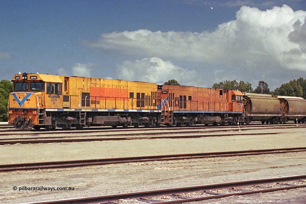 284-15
Narngulu, Geraldton, former Westrail P class loco P 2014 'Shire of Wongan-Ballidu' built by Goninan WA as a GE CM25-8 model with serial number 6320-12 / 90-099 sits in the yard on empty grain waggons with sister loco P 2003. November 9, 2004.
Keywords: P-class;P2014;Goninan-WA;GE;CM25-8;6320-12/90-099;