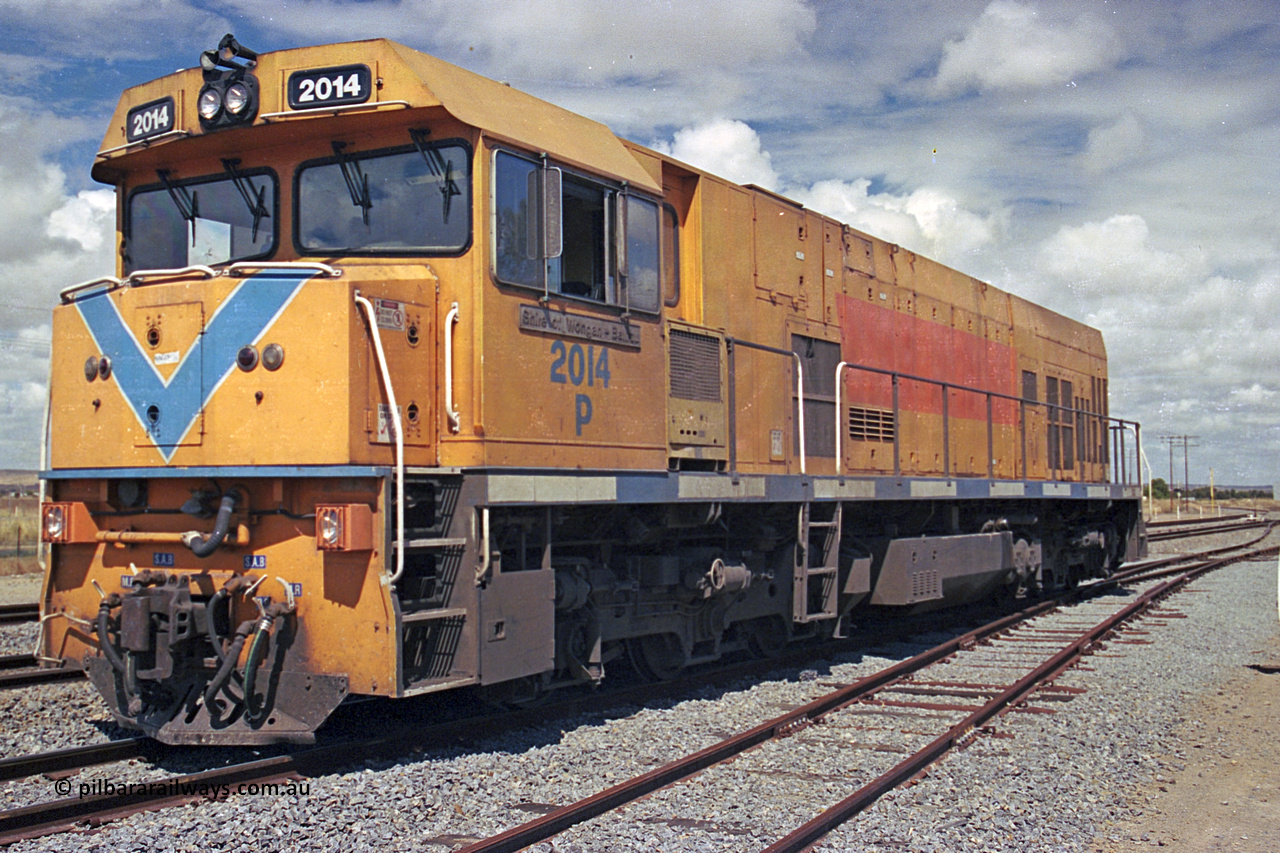 284-24
Narngulu, Geraldton, former Westrail P class loco P 2014 'Shire of Wongan-Ballidu' built by Goninan WA as a GE CM25-8 model with serial number 6320-12 / 90-099 sits in the yard in-between shunt movements. November 10, 2004.
Keywords: P-class;P2014;Goninan-WA;GE;CM25-8;6320-12/90-099;
