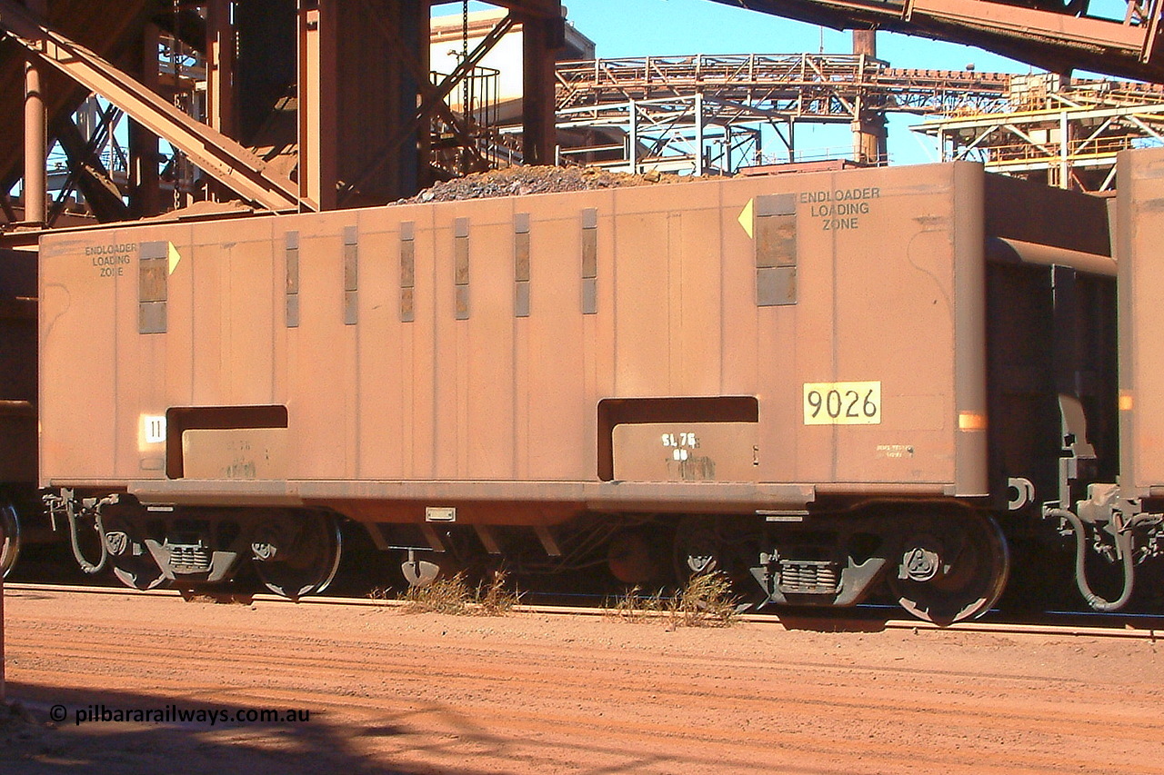 030712 143315
Nelson Point, empty BHP ore waggon 9026 with drop belly floor, originally built by Comeng in Mittagong NSW as a part of seven prototype ore waggons made from low carbon 301 stainless steel with an higher volume and aerodynamic flat sides and were bogieless with four independent radial wheel sets. Of the seven waggon, the first four had a flat floor and final three had a drop belly floor. The radial wheel sets were later replaced with conventional bogies. 12th of July 2003.
Keywords: 9026;Comeng-NSW;BHP-ore-waggon