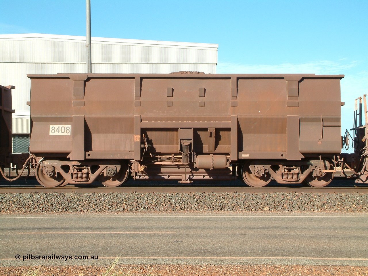 040502 080108
Boodarie, Goninan built Golynx waggon 8408 which is a modified version of the BHP mainline waggons for service on the Goldsworthy system as a bottom discharge waggon. 2nd May 2004.
Keywords: 8408;Goninan-WA;Golynx;BHP-ore-waggon;
