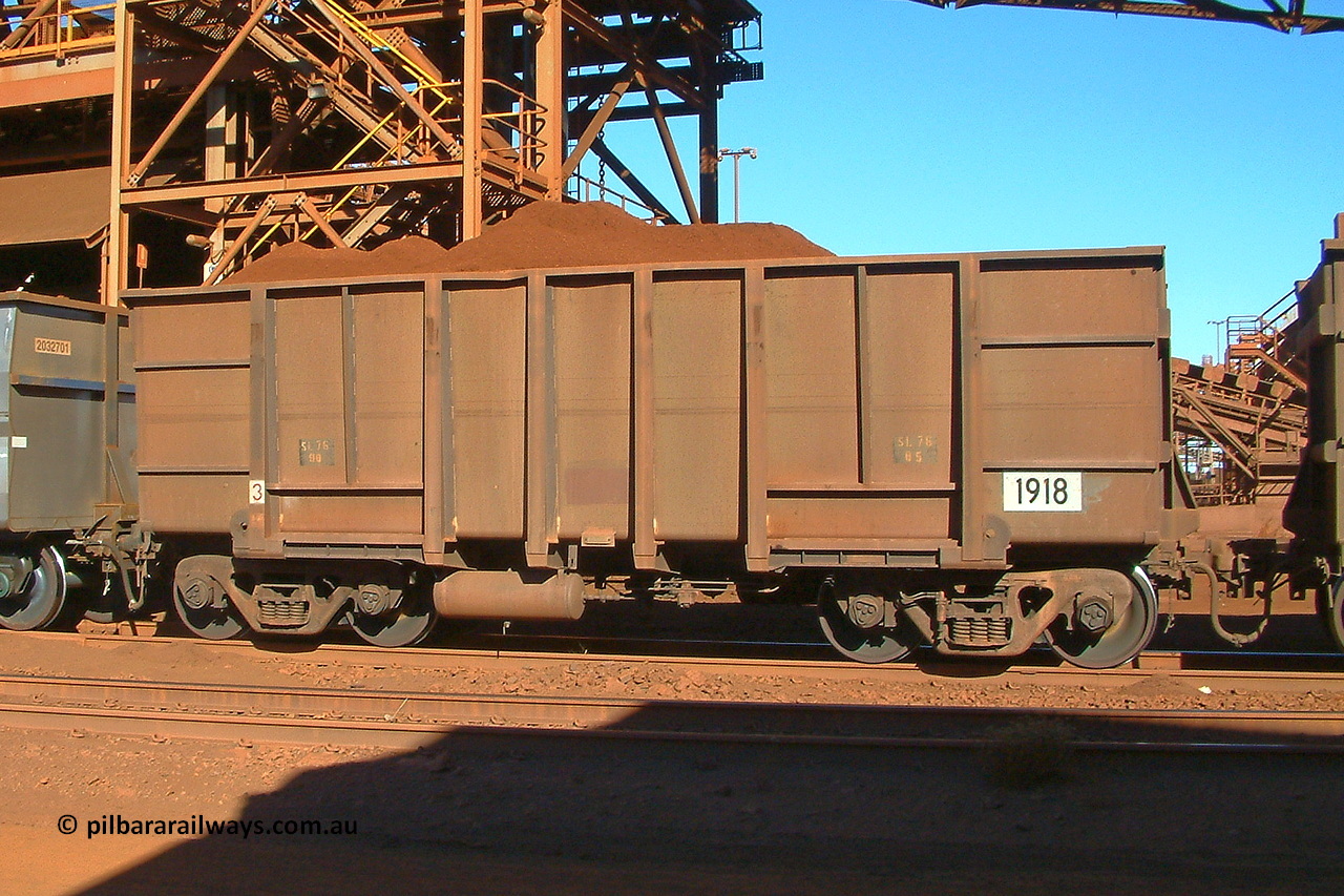 040718 151441
Nelson Point, Car Dumper 3, BHP ore waggon 1918, originally built by Comeng WA in 1975 as part of a batch of one hundred and seventy-five waggons. Seen here with replacement sides out of 3CR12Ti type steel to the then current Goninan style. 18th of July 2004.
Keywords: 1918;Comeng-WA;BHP-ore-waggon;