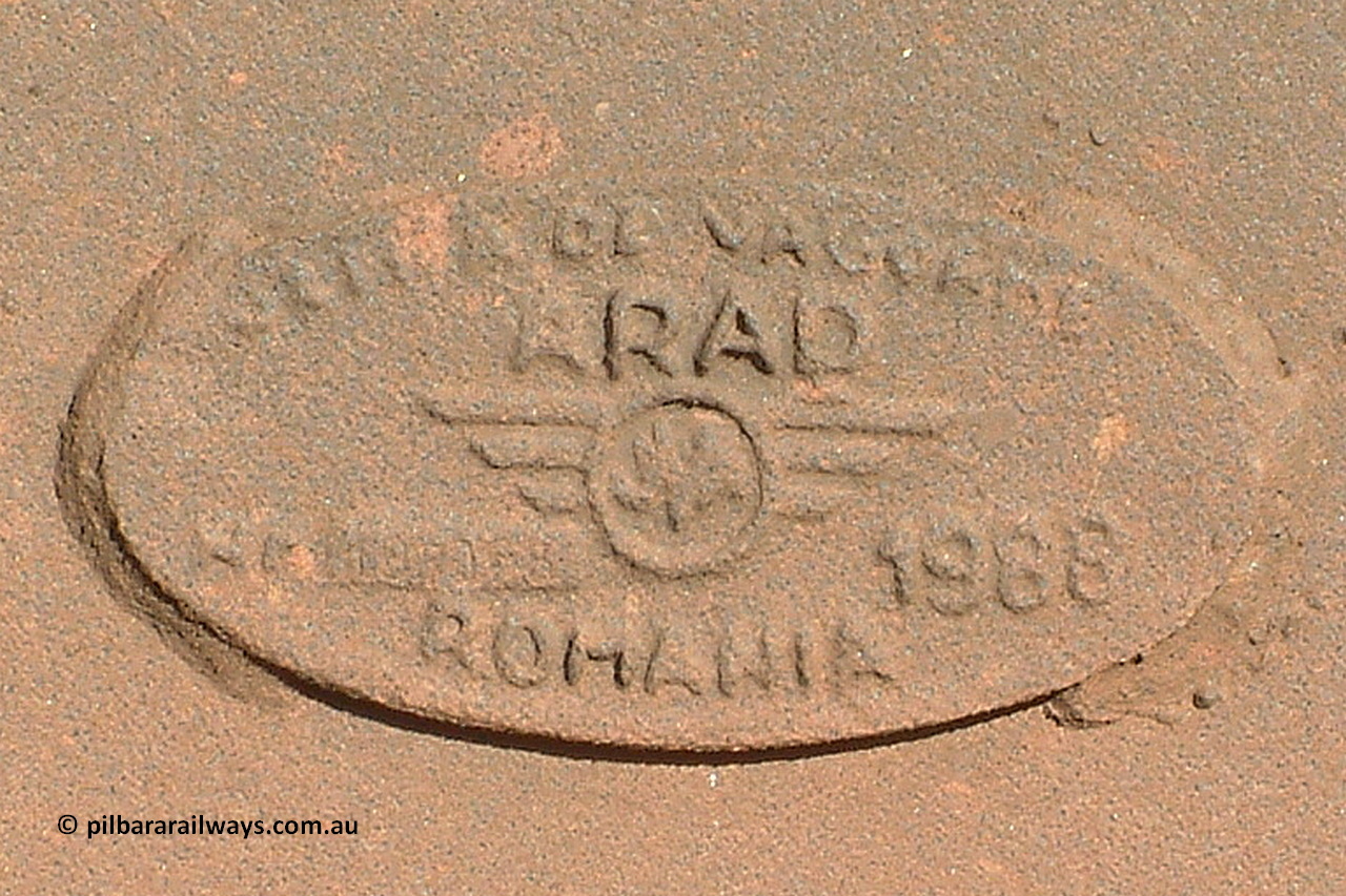 040804 155643
Nelson Point, builders plate on Astra Vagoane of Arad in Romania built ore waggon 3307. Shows the date year of 1988 and what looks like a serial number. Three hundred and fifty waggons built during 1988 for Lang Hancock as part of a waggons for iron ore arrangement, only 75 found their way into service with BHP. 4th of August 2004.
Keywords: 3307;Astra-Vagoane-Arad-Romania;BHP-ore-waggon;