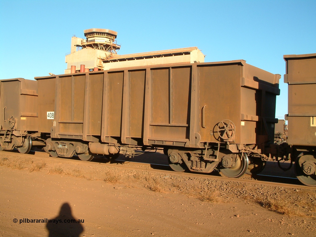 040815 165706
Nelson Point Car Dumper 3, an original Comeng built ore waggon dating from a batch of 86 built in 1980, numbered 4080 with a build date of August 1980 which has had the walls resheeted. 15th August 2004.
Keywords: 4080;Comeng-WA;BHP-ore-waggon;