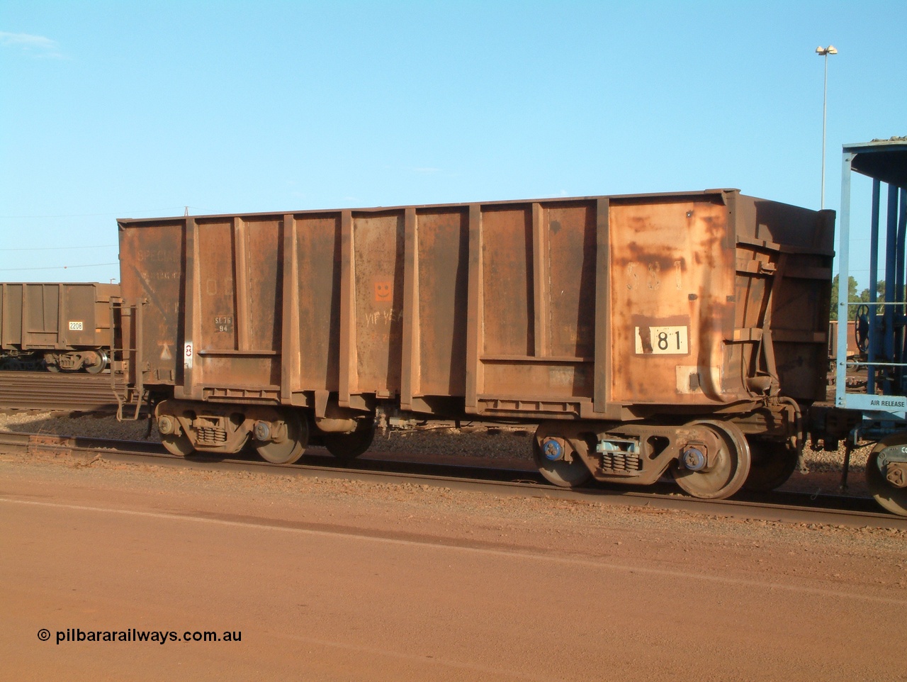 041225 064737
Nelson Point Ore Car Repair Shop, original Magor USA built ore waggon 581, known as the 'Oro's', one of 144 built in 1963 and bought by the Mt Newman partners in 1968 from the Oroville Dam construction in California. 25th December 2004.
Keywords: 581;Magor-USA;BHP-ore-waggon;