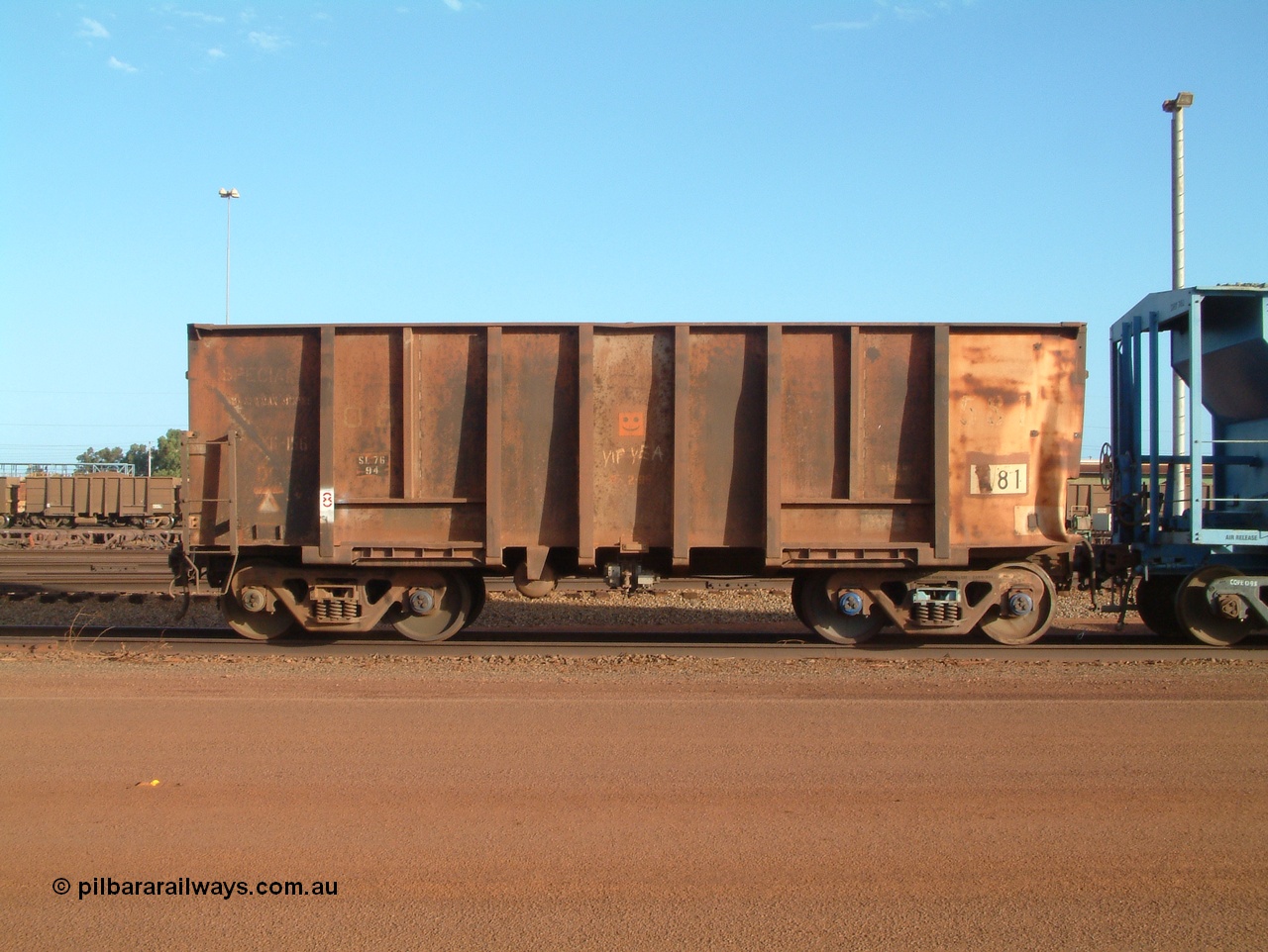 041225 064755
Nelson Point Ore Car Repair Shop, original Magor USA built ore waggon 581, known as the 'Oro's', one of 144 built in 1963 and bought by the Mt Newman partners in 1968 from the Oroville Dam construction in California. 25th December 2004.
Keywords: 581;Magor-USA;BHP-ore-waggon;