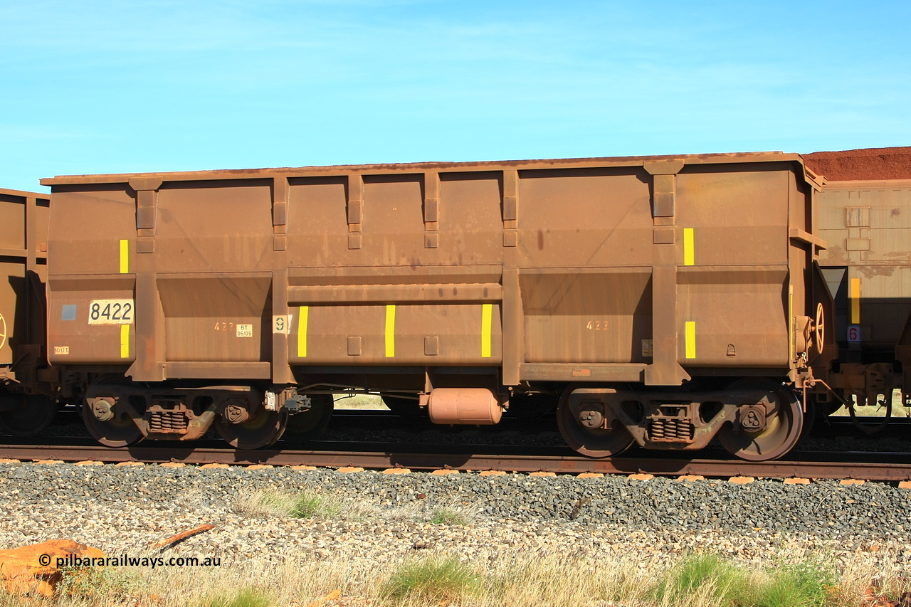 110620 2027r
Walla Siding, empty BHP ore waggon 8422 is a Goninan WA build of the Golynx design built in May 2005 as a bottom discharge waggon for Goldsworthy service with serial number 950141-002. Now converted to rotary dump operation. 20th of June 2011.
Keywords: 8422;Goninan-WA;Golynx;950141-002;GML-waggon;BHP-ore-waggon;
