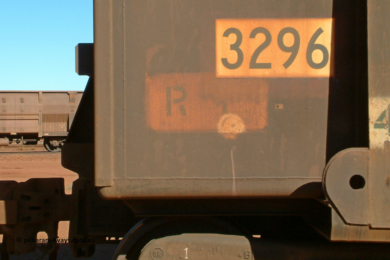 3296 Astra Vagoane 040805 150900
Nelson Point, detail view of the number board of BHP ore waggon 3296, one of three hundred and fifty waggons built during 1988 by Astra Vagoane of Arad in Romania for Lang Hancock as part of a 'waggons for iron ore arrangement' with the then Romanian government, however only seventy-five found their way into service with BHP. August 5, 2004.
Keywords: 3296;Astra-Vagoane-Arad-Romania;BHP-ore-waggon;