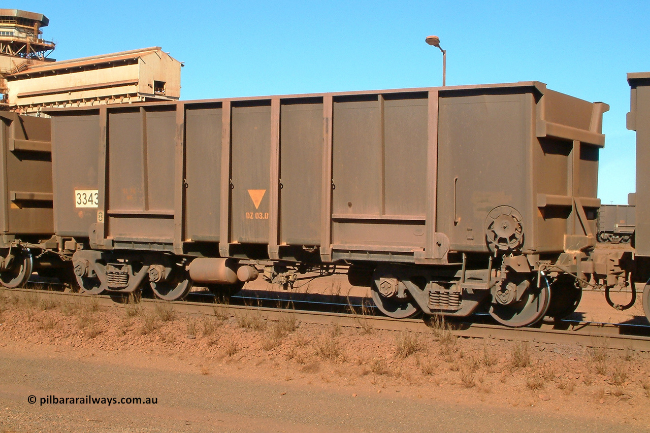 3343 Astra Vagoane 040805 150610
Nelson Point, empty BHP ore waggon 3343 is one of three hundred and fifty waggons built during 1988 by Astra Vagoane of Arad in Romania for Lang Hancock as part of a 'waggons for iron ore arrangement' with the then Romanian government, however only seventy-five found their way into service with BHP. August 5, 2004.
Keywords: 3343;Astra-Vagoane-Arad-Romania;BHP-ore-waggon;