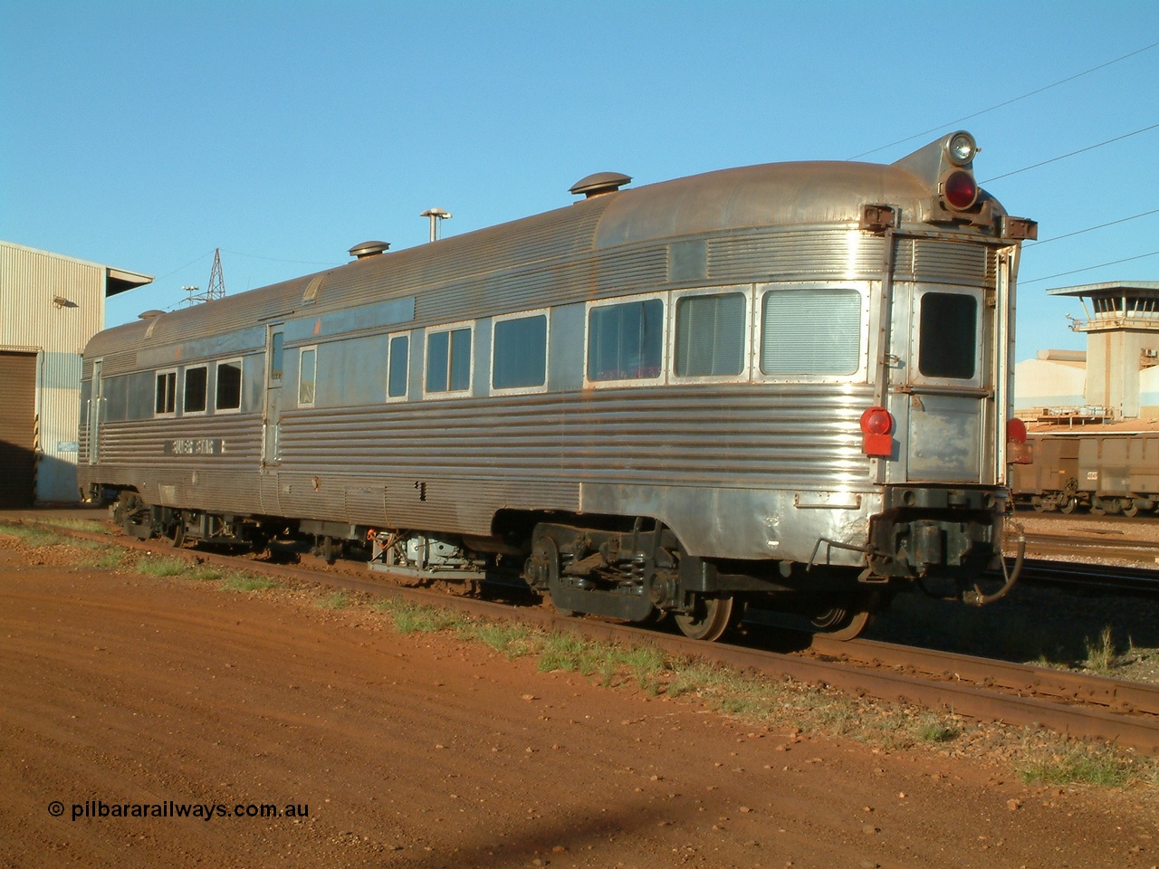 040616 162136
Nelson Point, the Sundowner coach, originally built by E. G. Budd in 1939 numbered 301 as the Silver Star as a diner-parlour-observation coach on the Chicago, Burlington and Quincy Railroad's General Pershing Zephyr train from the 1930s and 1940s. Donated to Mt Newman Mining Co. by AMAX an original joint venture partner to commemorate the projects first 100 million tonnes of iron ore railed between Mount Whaleback mine and the Port Hedland port.
Keywords: Silver-Star;EG-Budd;Sundowner;General-Pershing-Zephyr;301;